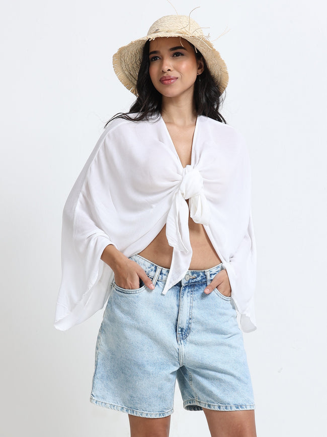 Women White Front Tie Crop Top