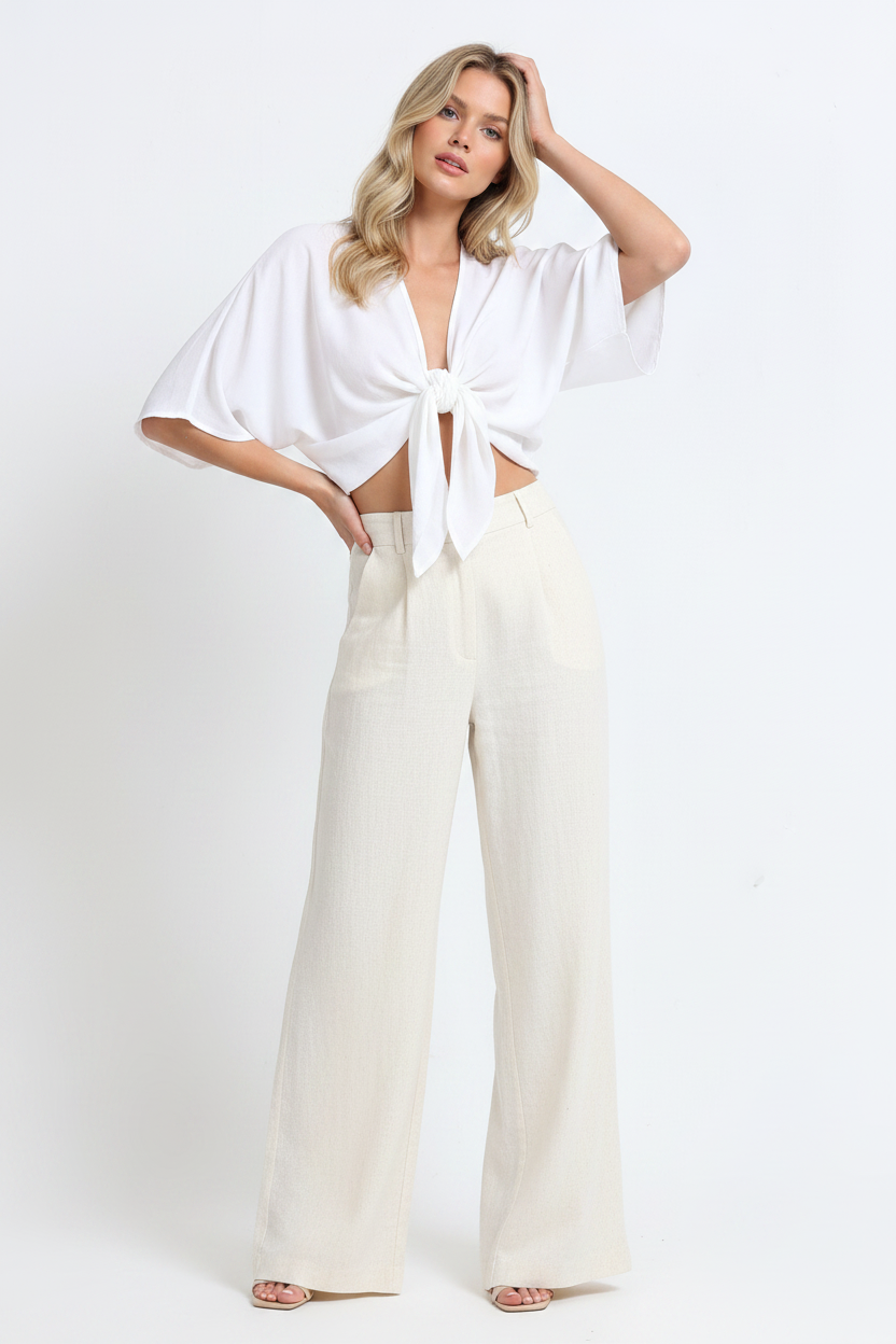 Women White Front Tie Crop Top