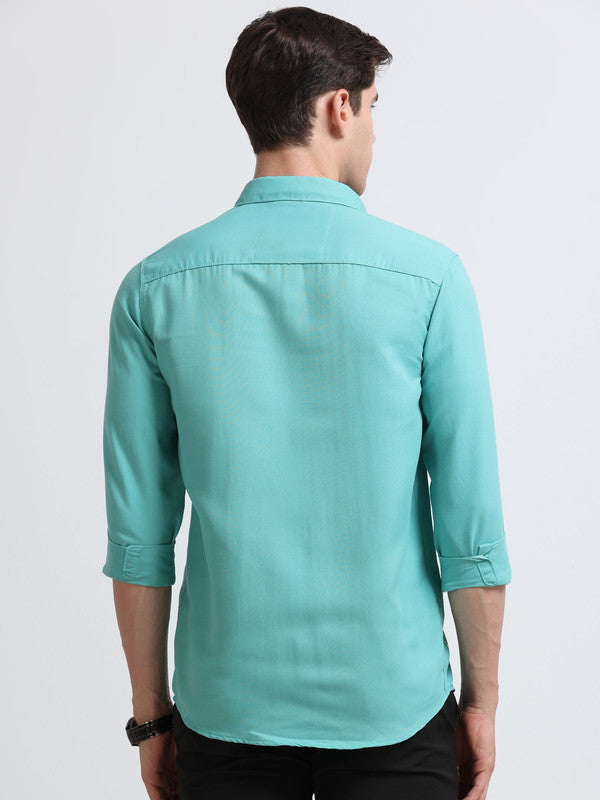 Men Green Solid Polyester Casual Shirts
