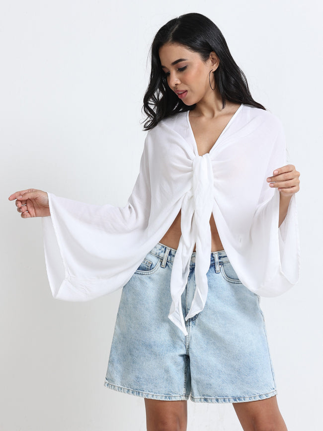 Women White Front Tie Crop Top