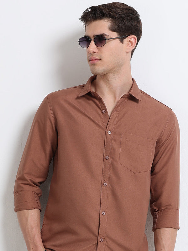 Men Brown Solid Polyester Casual Shirts