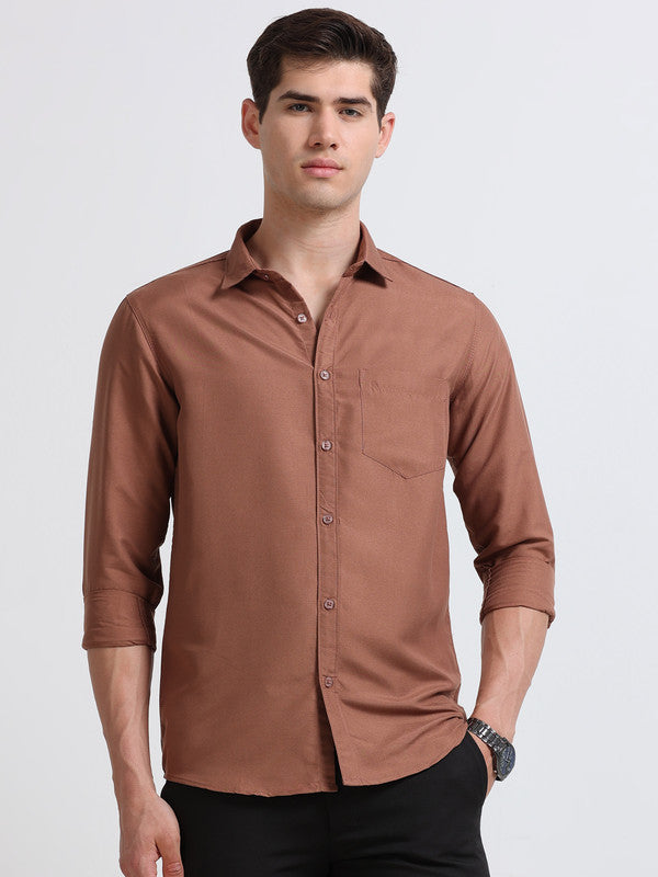 Men Brown Solid Polyester Casual Shirts