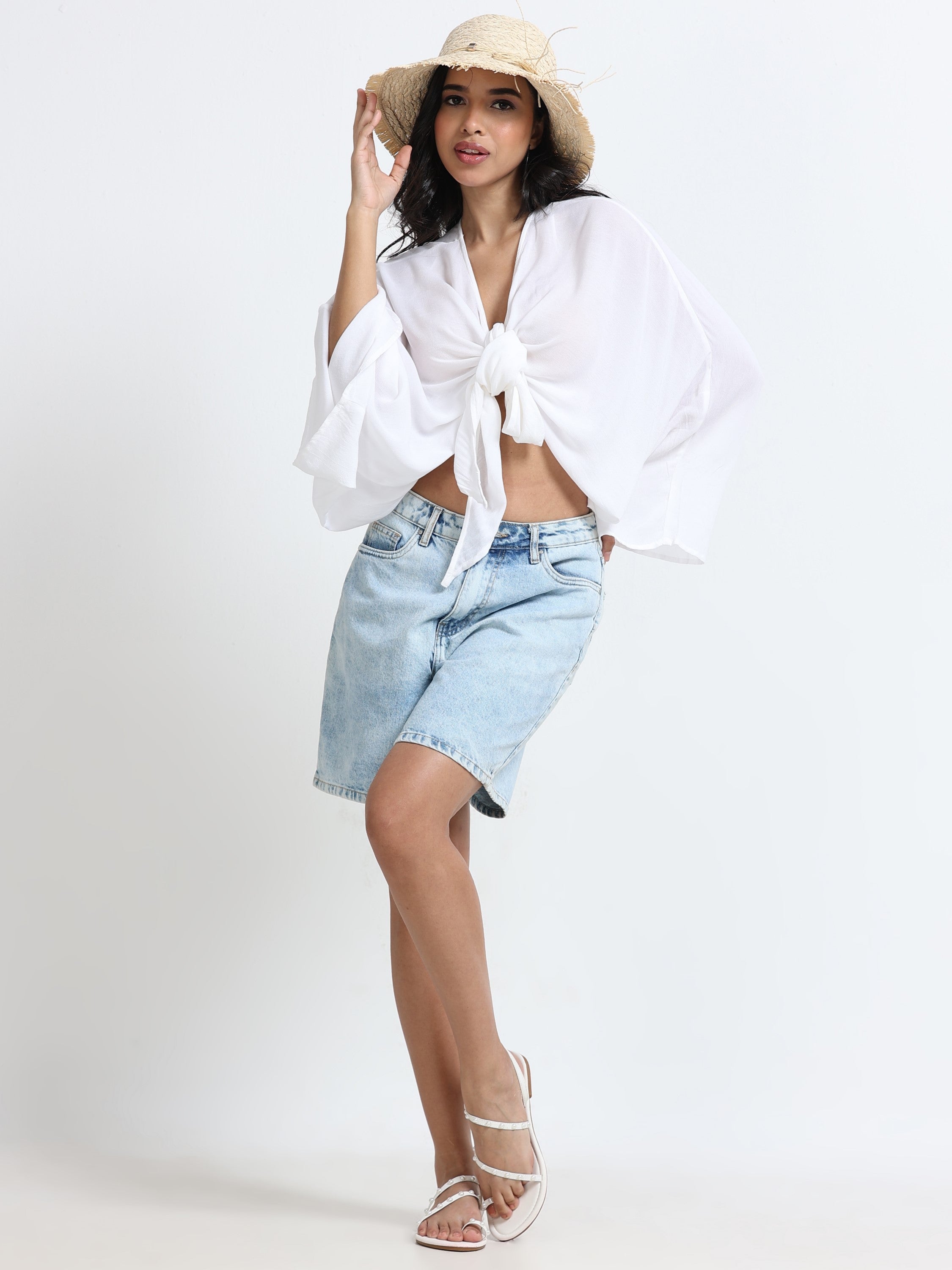 Women White Front Tie Crop Top