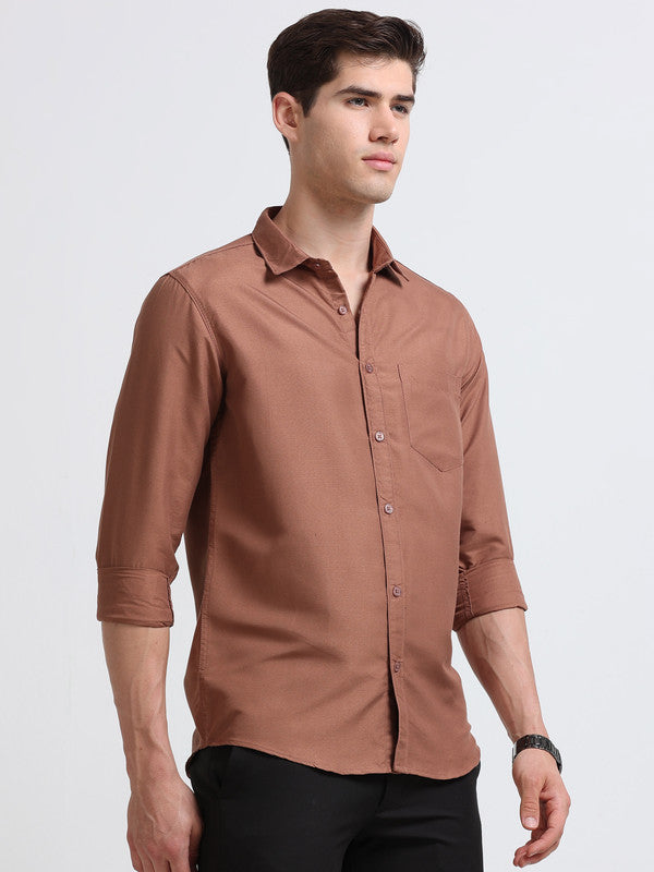 Men Brown Solid Polyester Casual Shirts