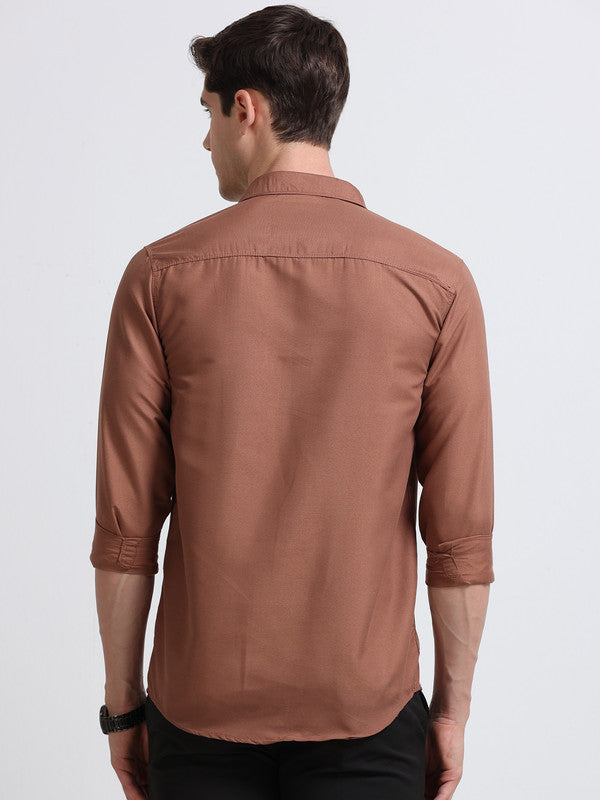 Men Brown Solid Polyester Casual Shirts