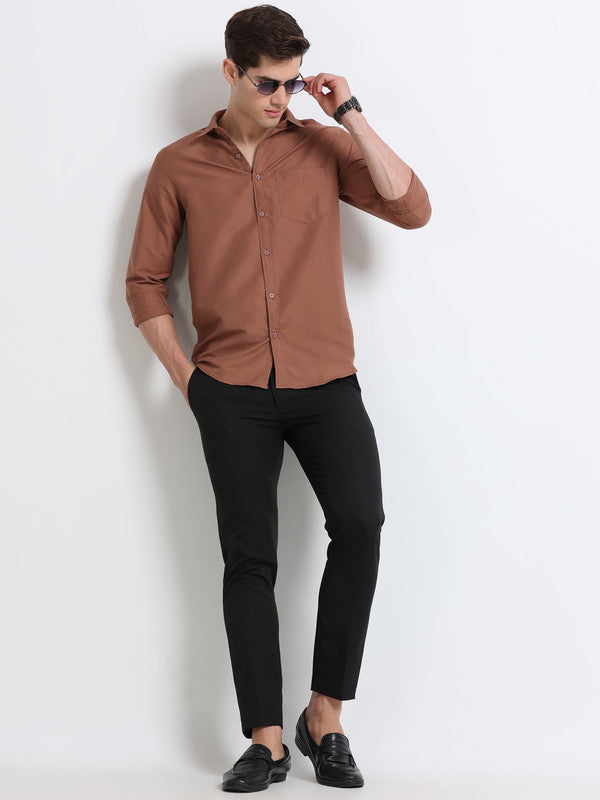 Men Brown Solid Polyester Casual Shirts