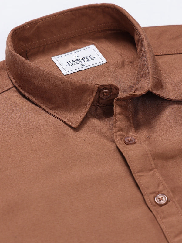 Men Brown Solid Polyester Casual Shirts