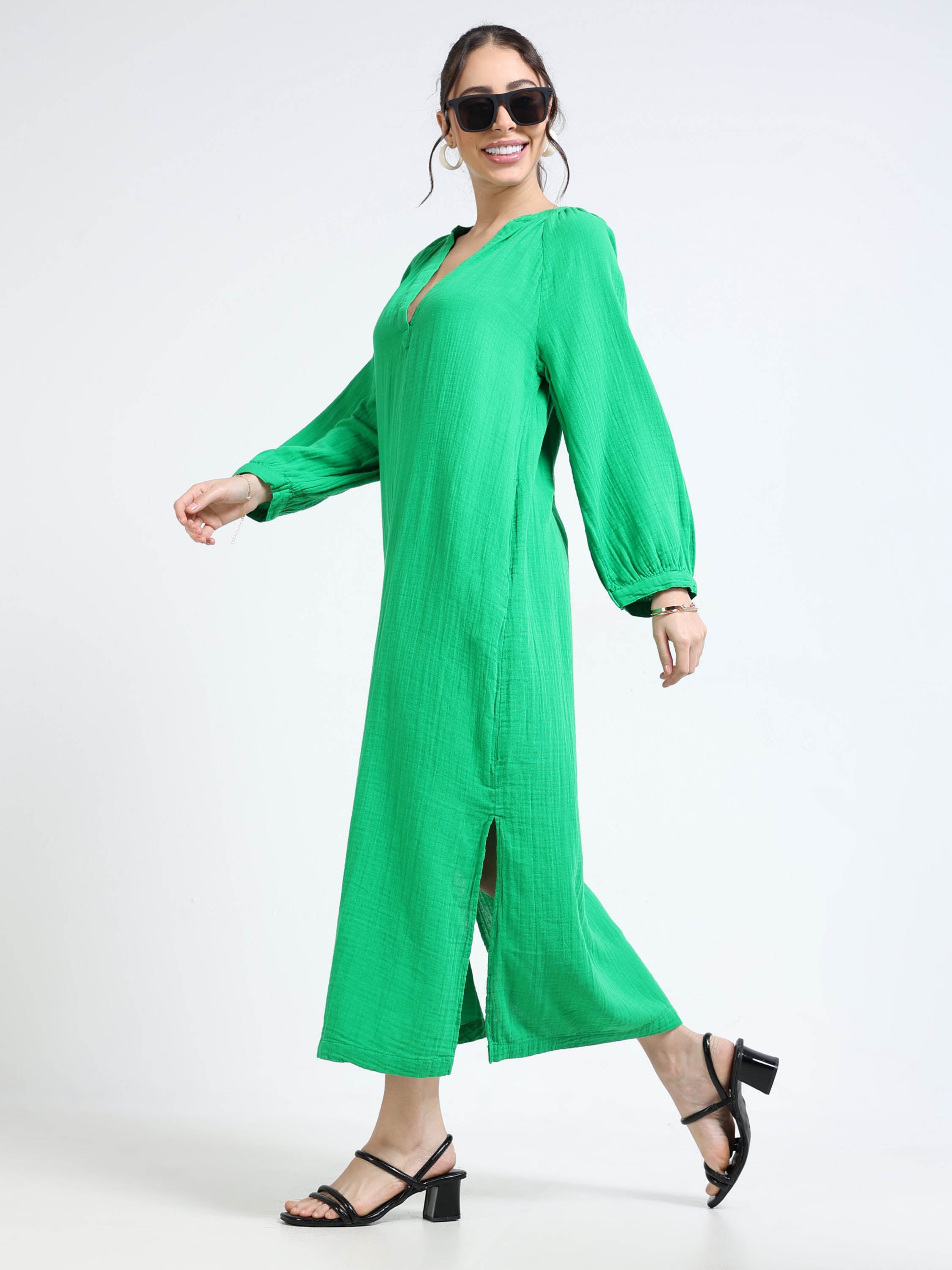 Women Green Oversized Double cloth dress