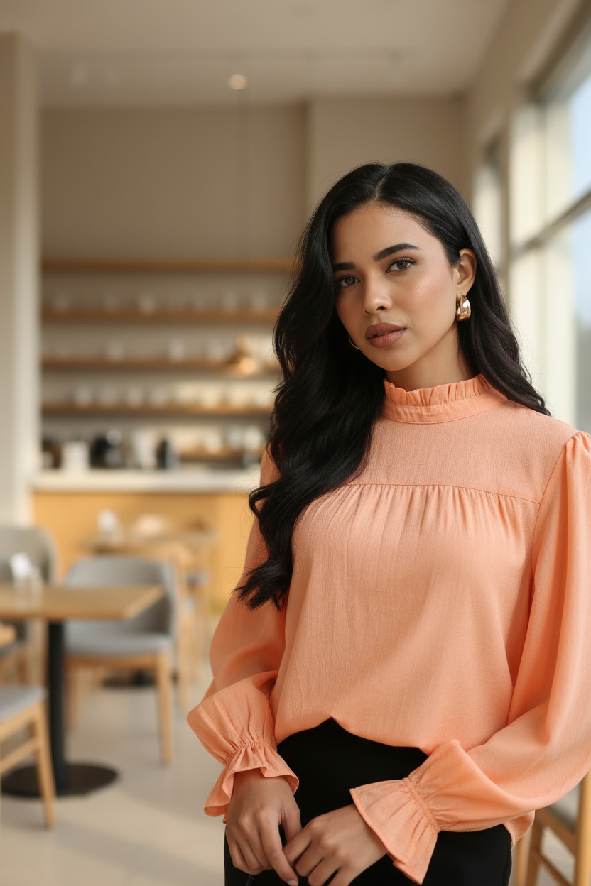Women Puff Sleeve High Neck Top