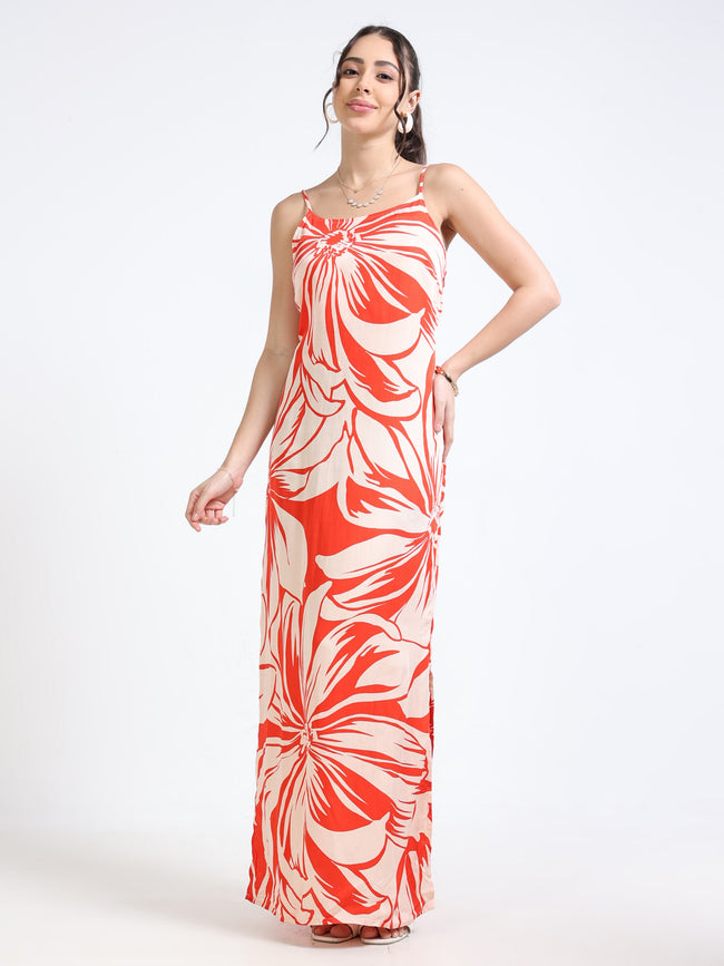 Women Satin Floral Slit Dress