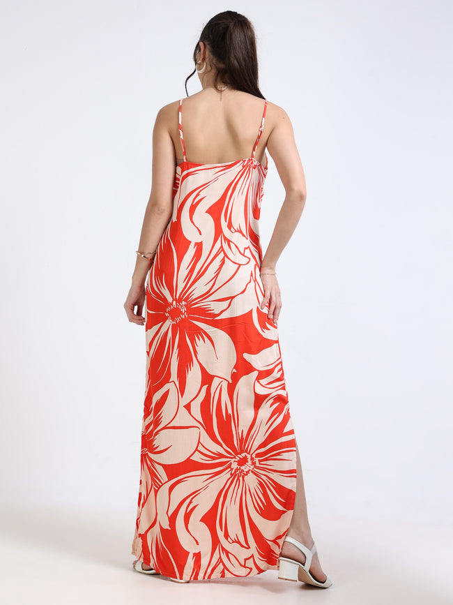 Women Satin Floral Slit Dress