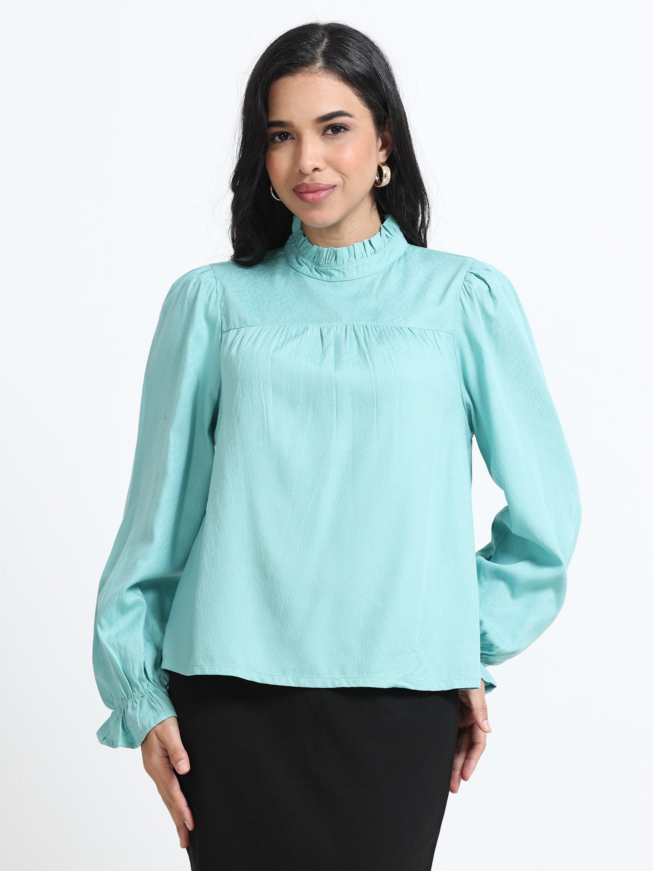 Women Puff Sleeve High Neck Top