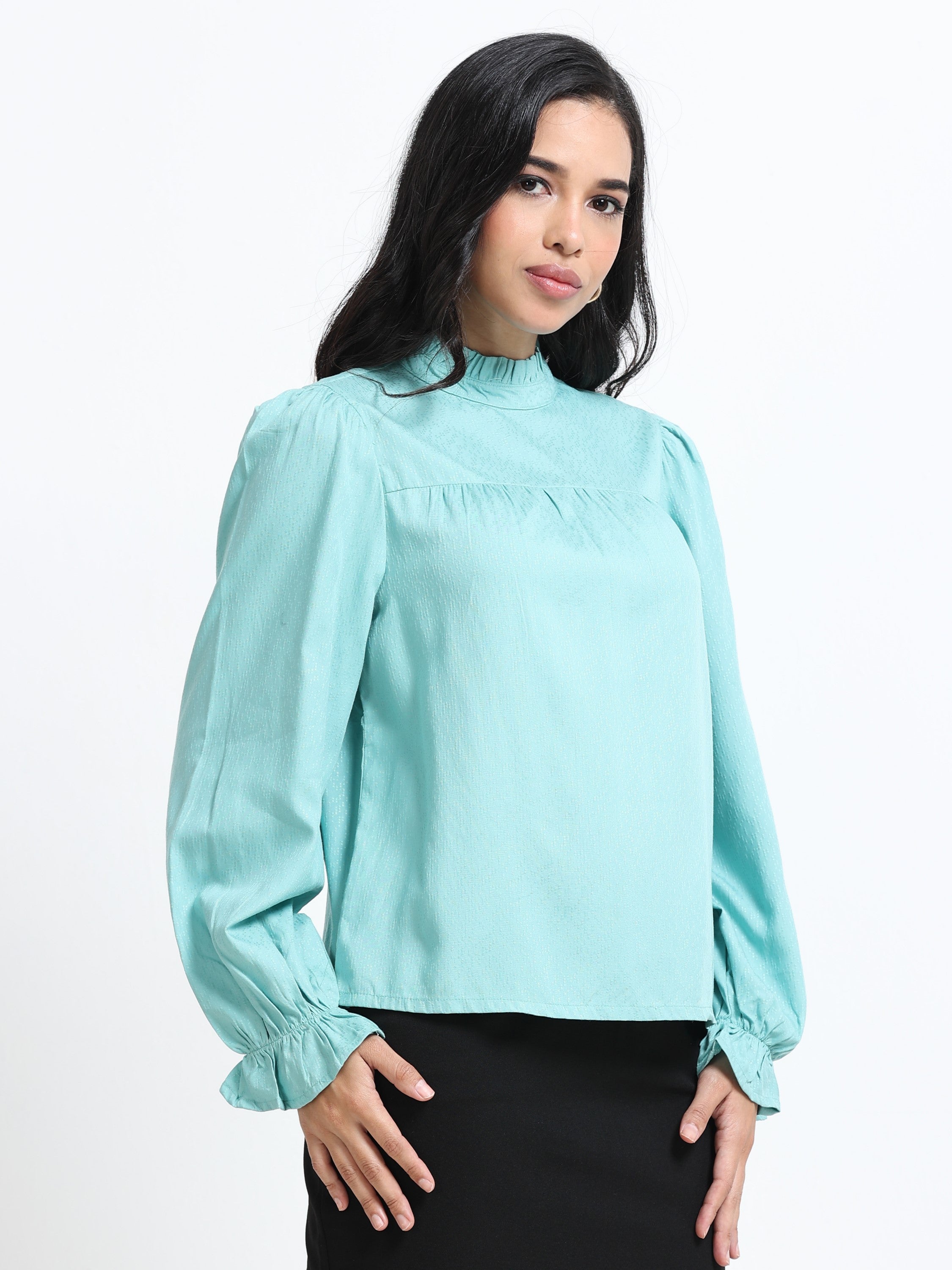 Women Puff Sleeve High Neck Top