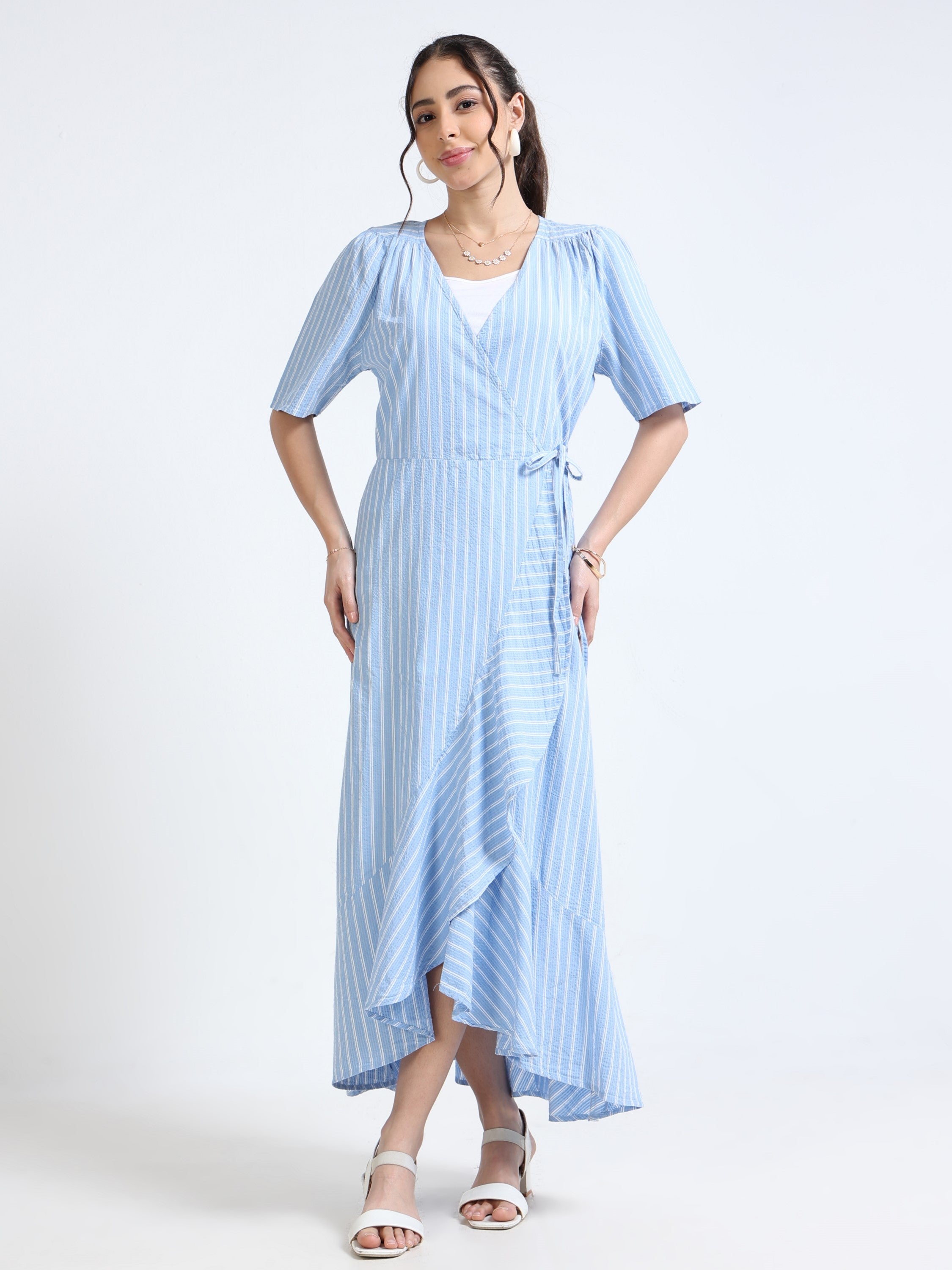 Women Blue White Wrap Dress