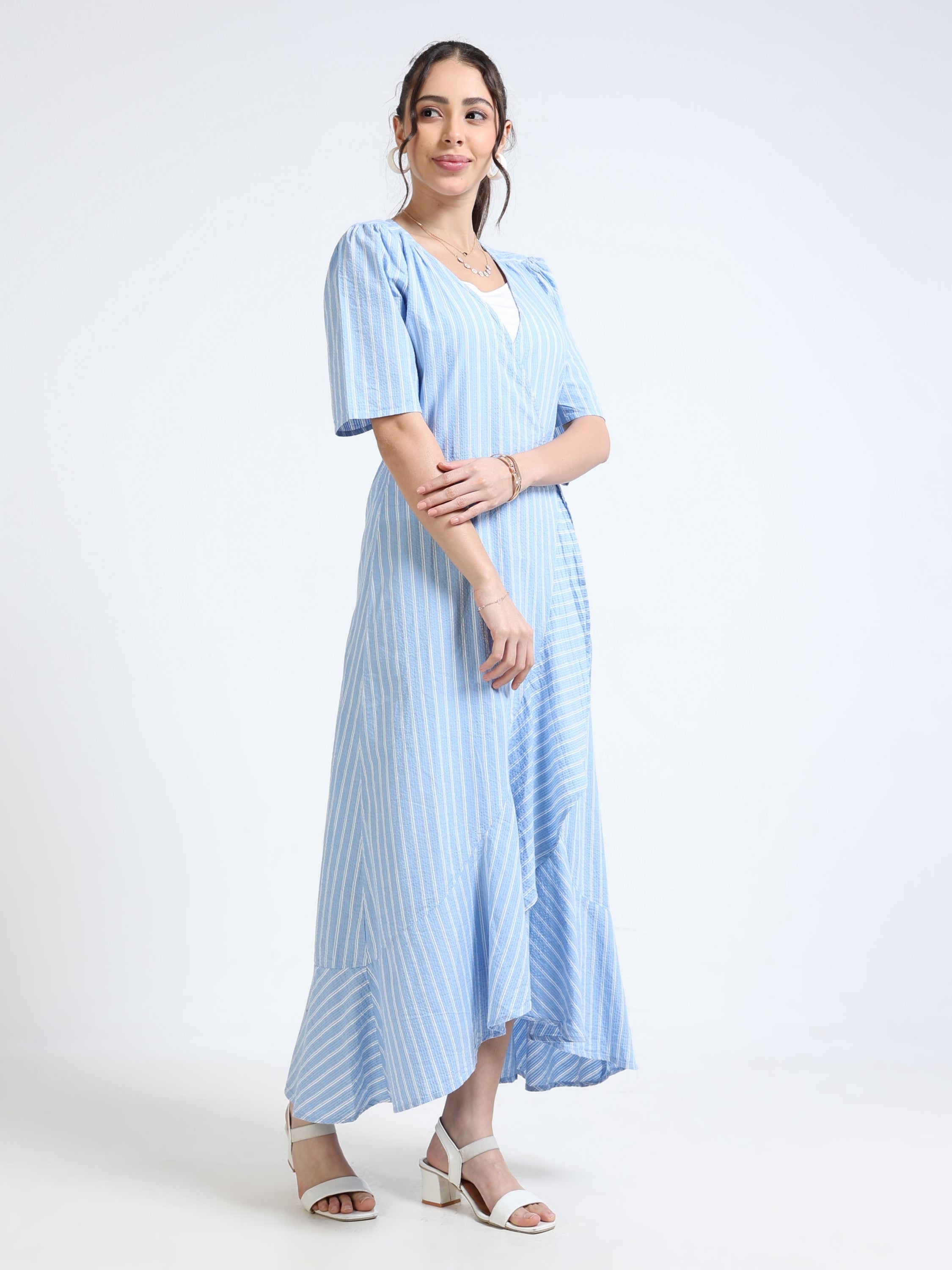 Women Blue White Wrap Dress