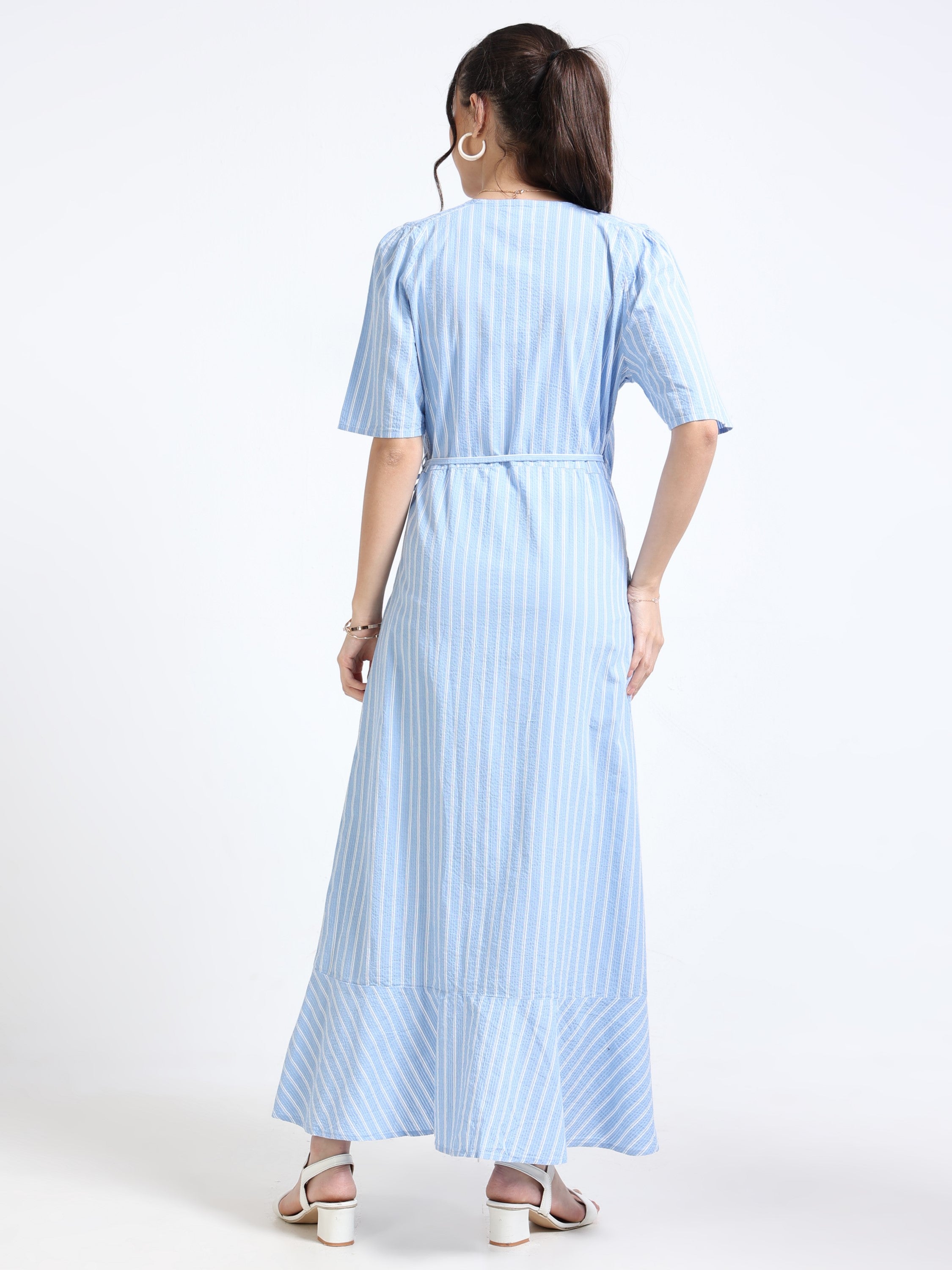 Women Blue White Wrap Dress