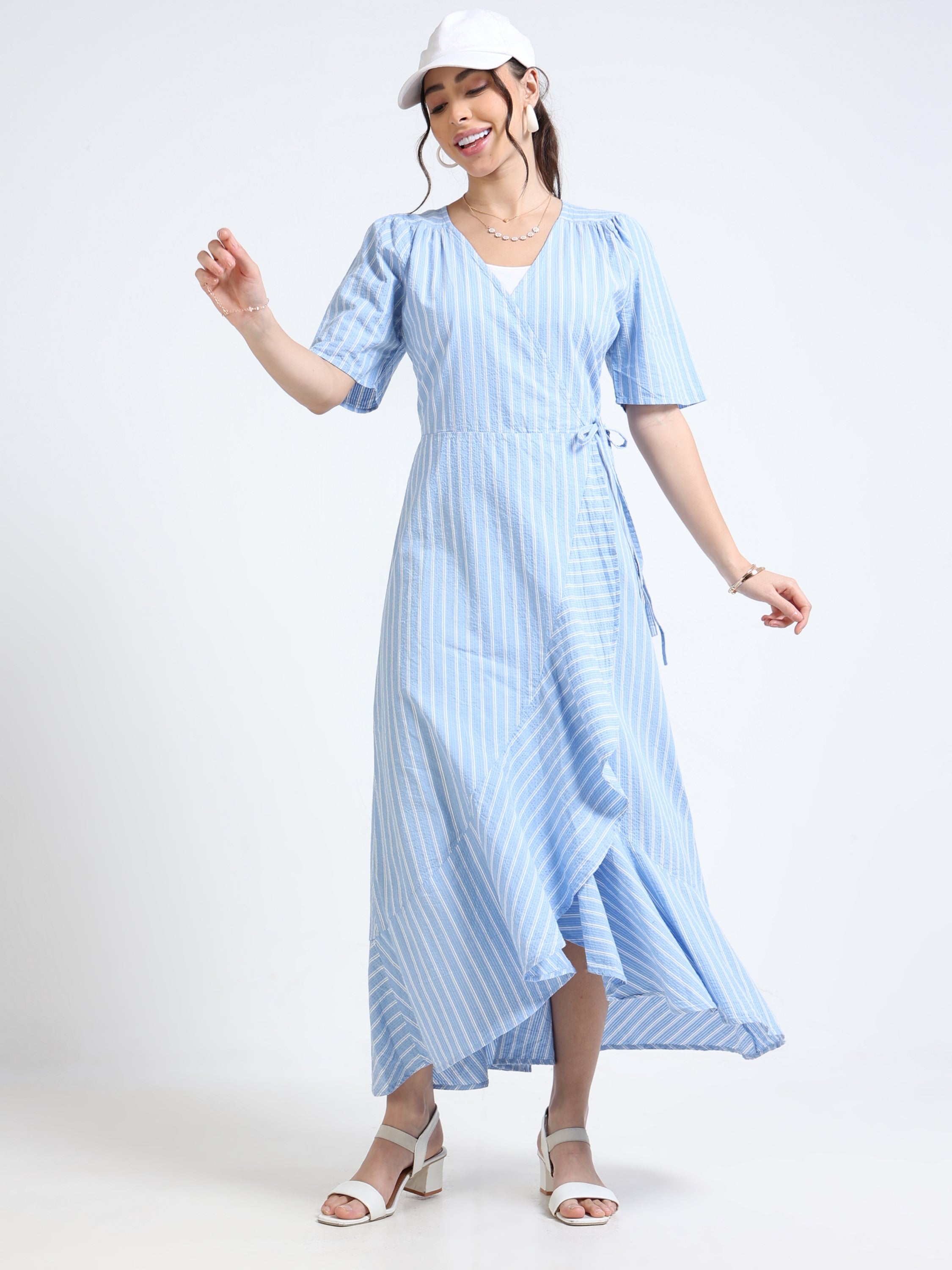Women Blue White Wrap Dress