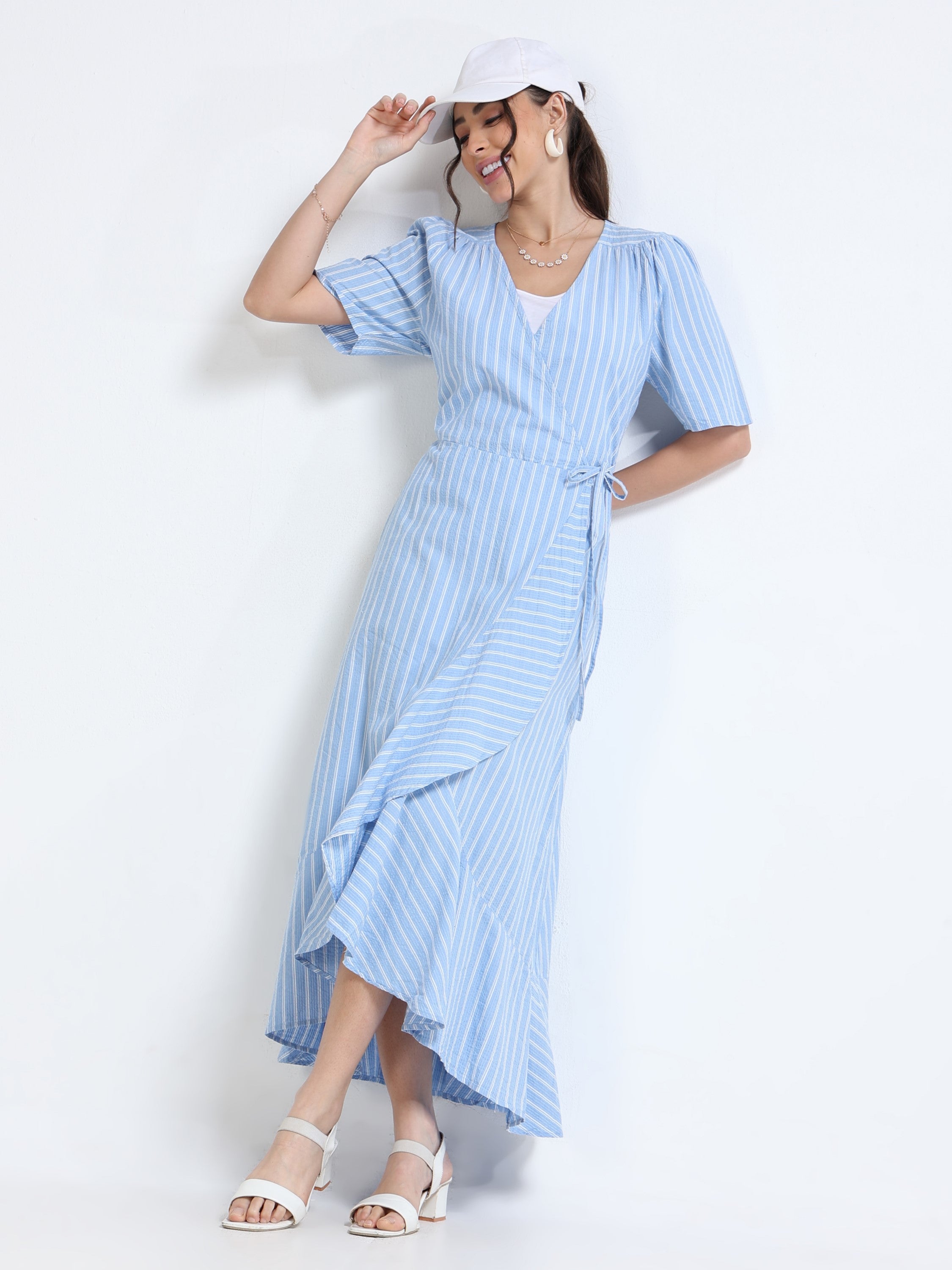 Women Blue White Wrap Dress
