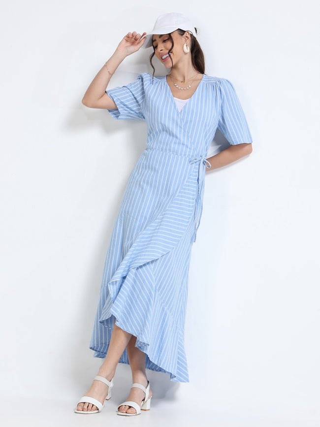 Women Blue White Wrap Dress