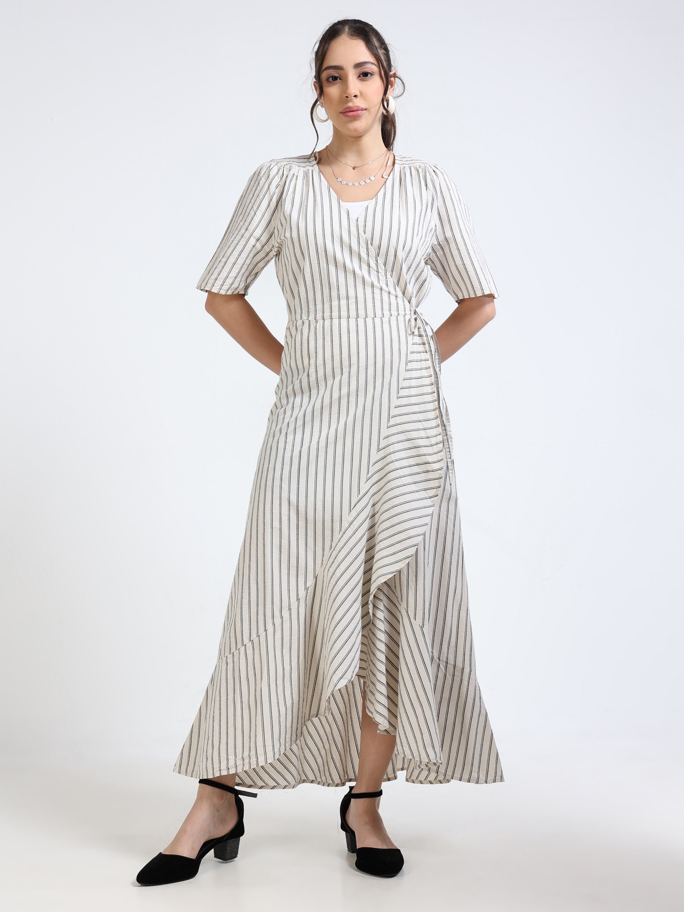 Women Beige Black Wrap Dress