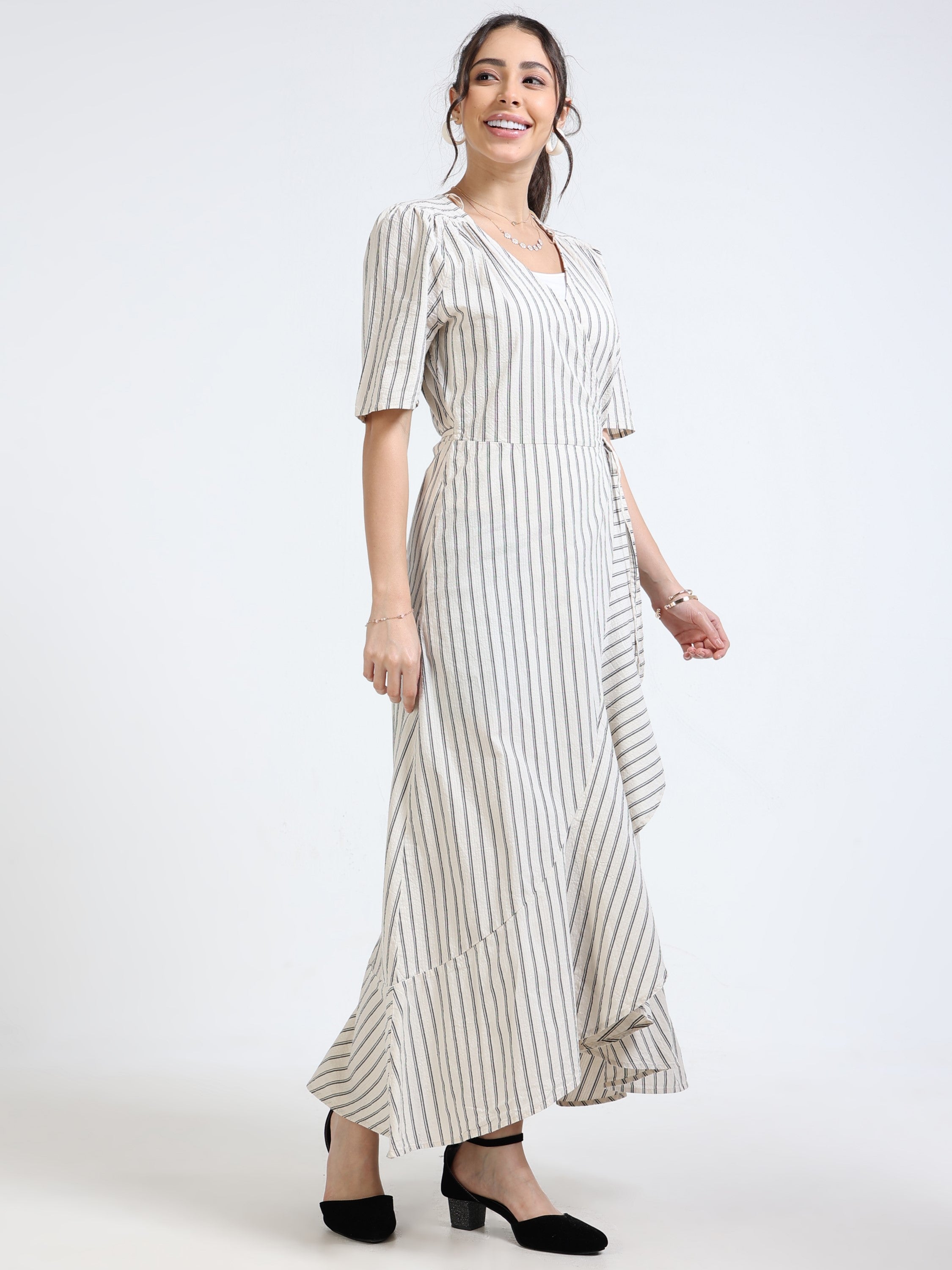 Women Beige Black Wrap Dress