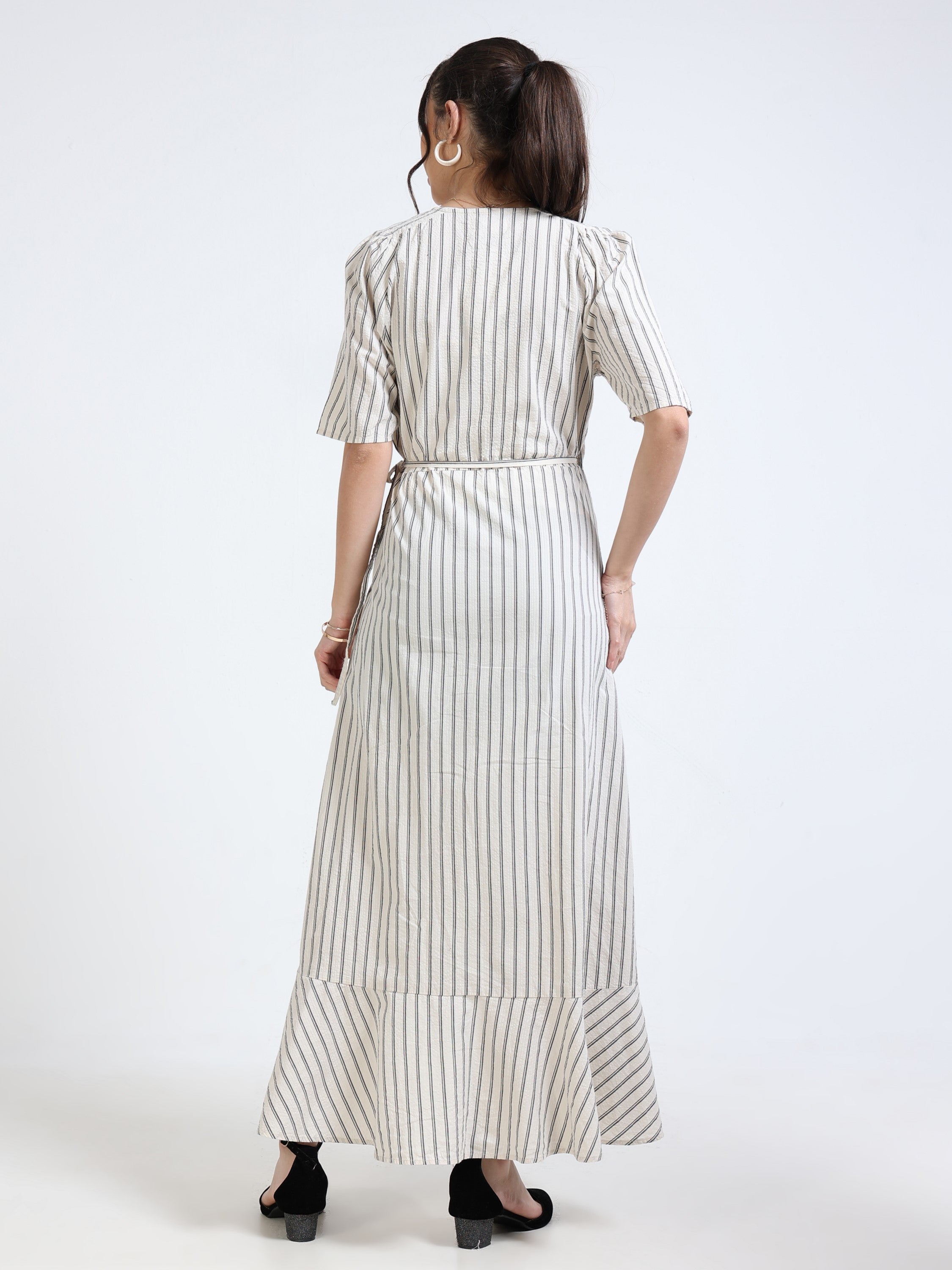 Women Beige Black Wrap Dress