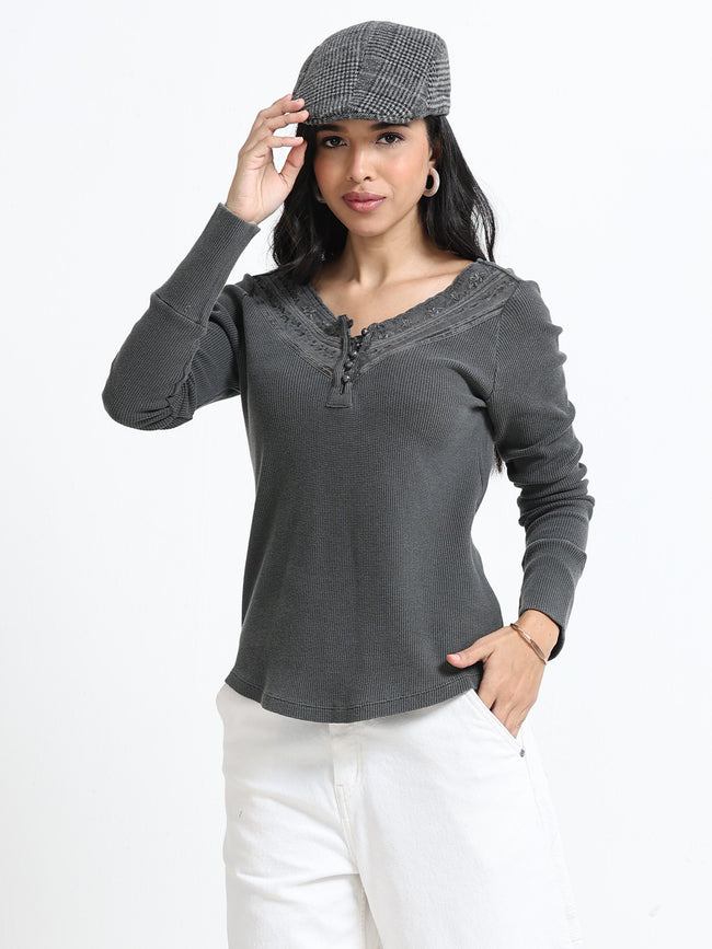 Women Grey Washed Embroidery Top