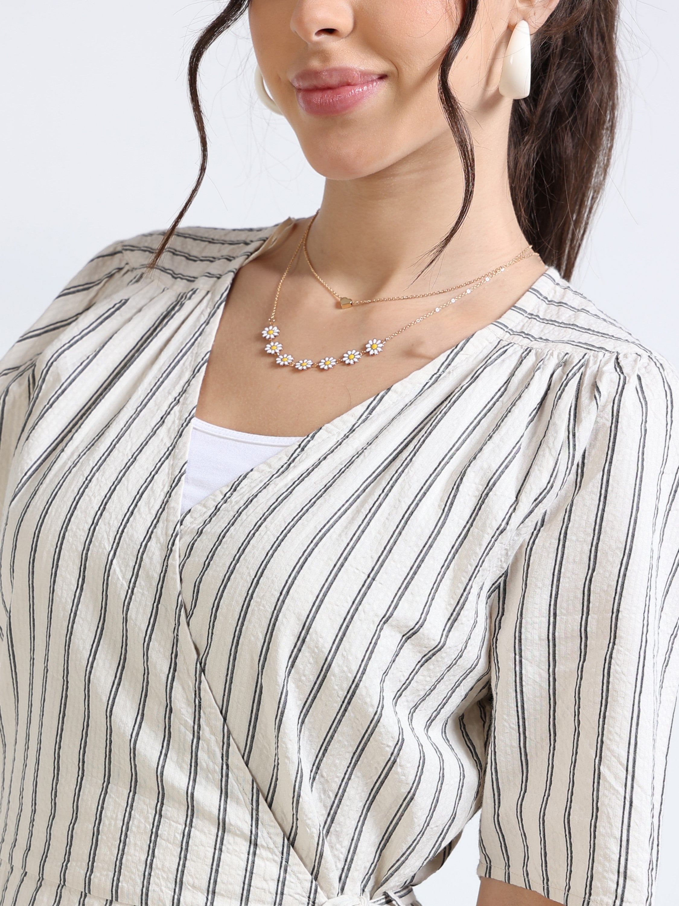 Women Beige Black Wrap Dress