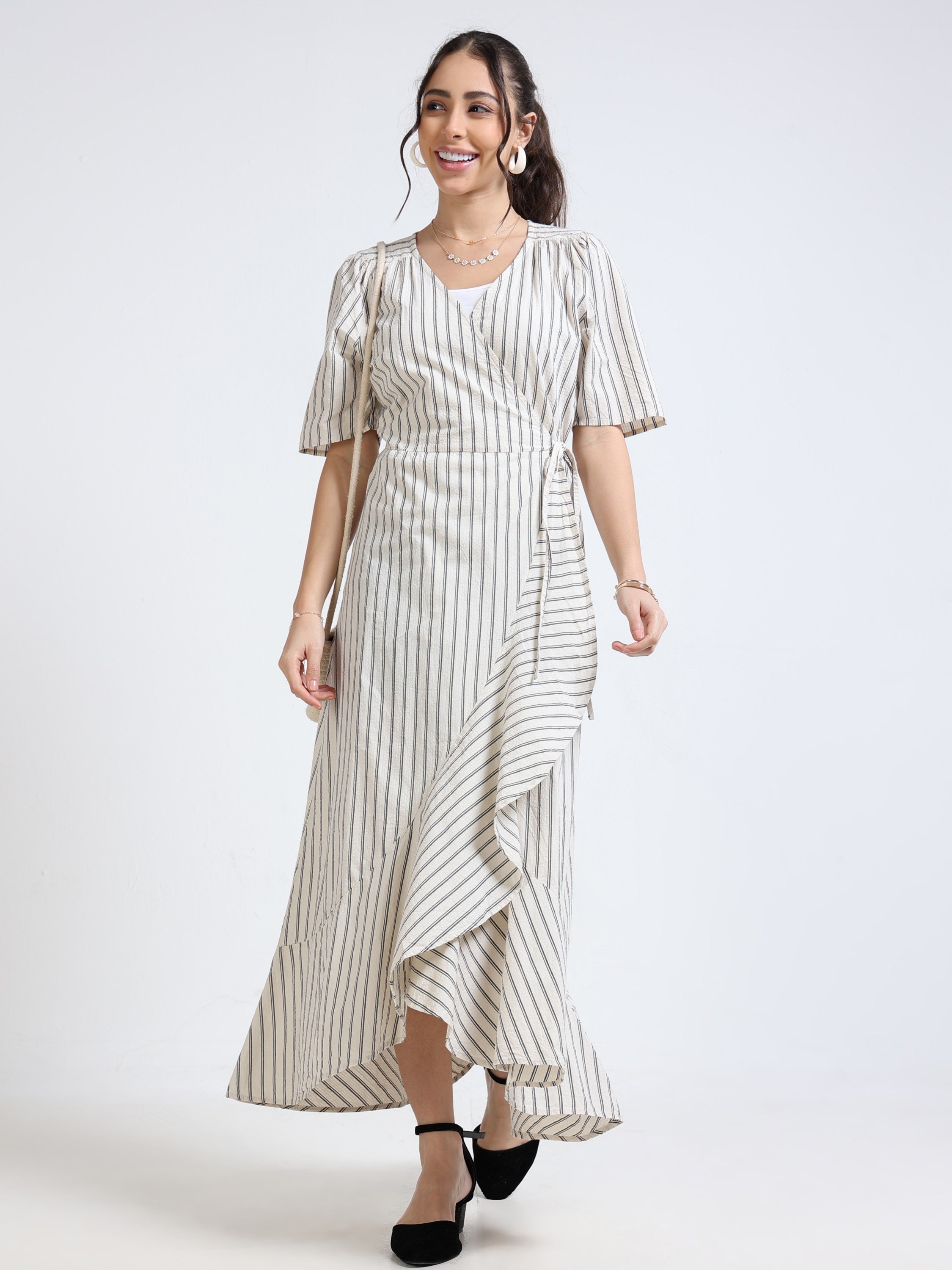 Women Beige Black Wrap Dress