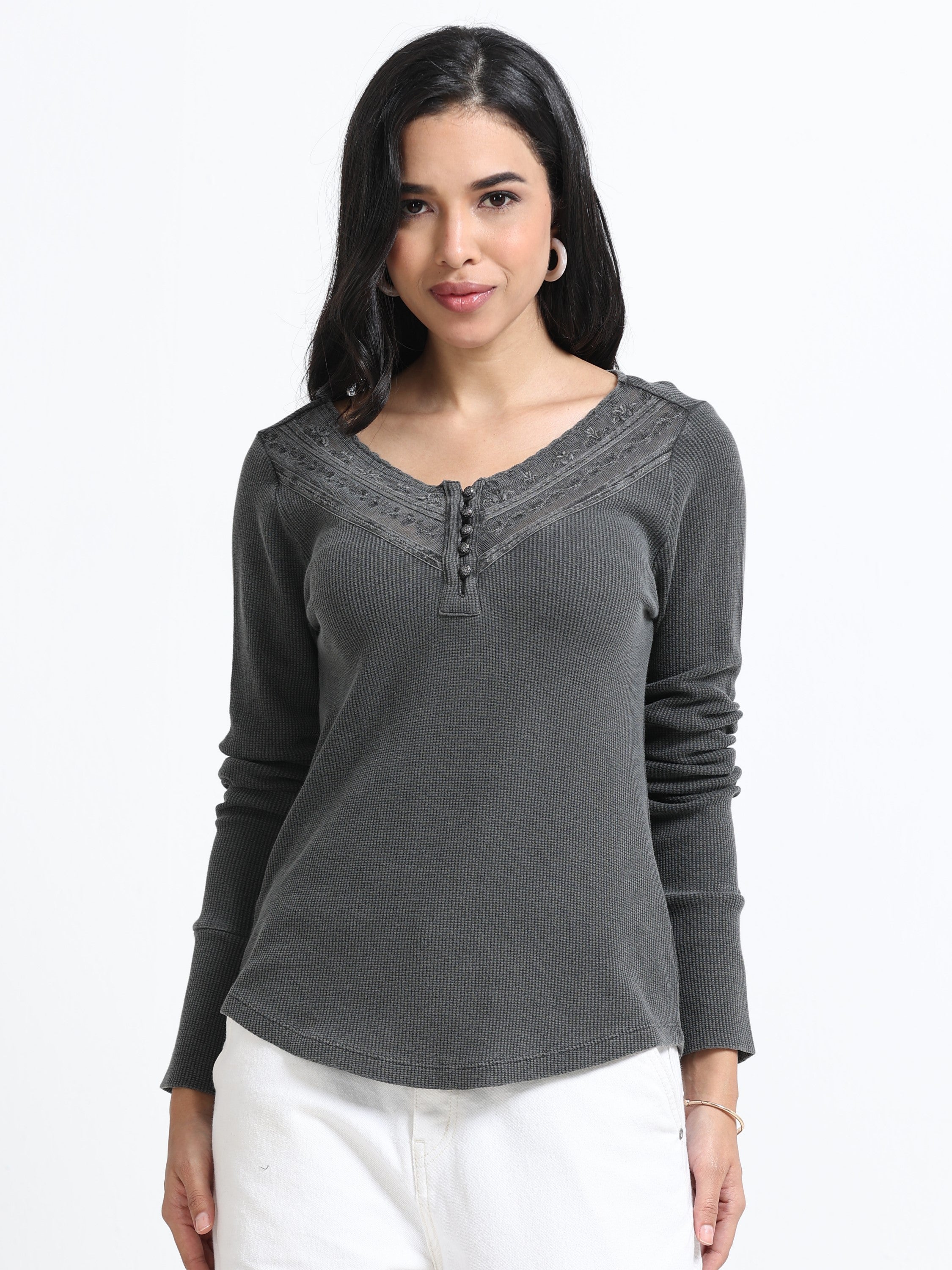 Women Grey Washed Embroidery Top