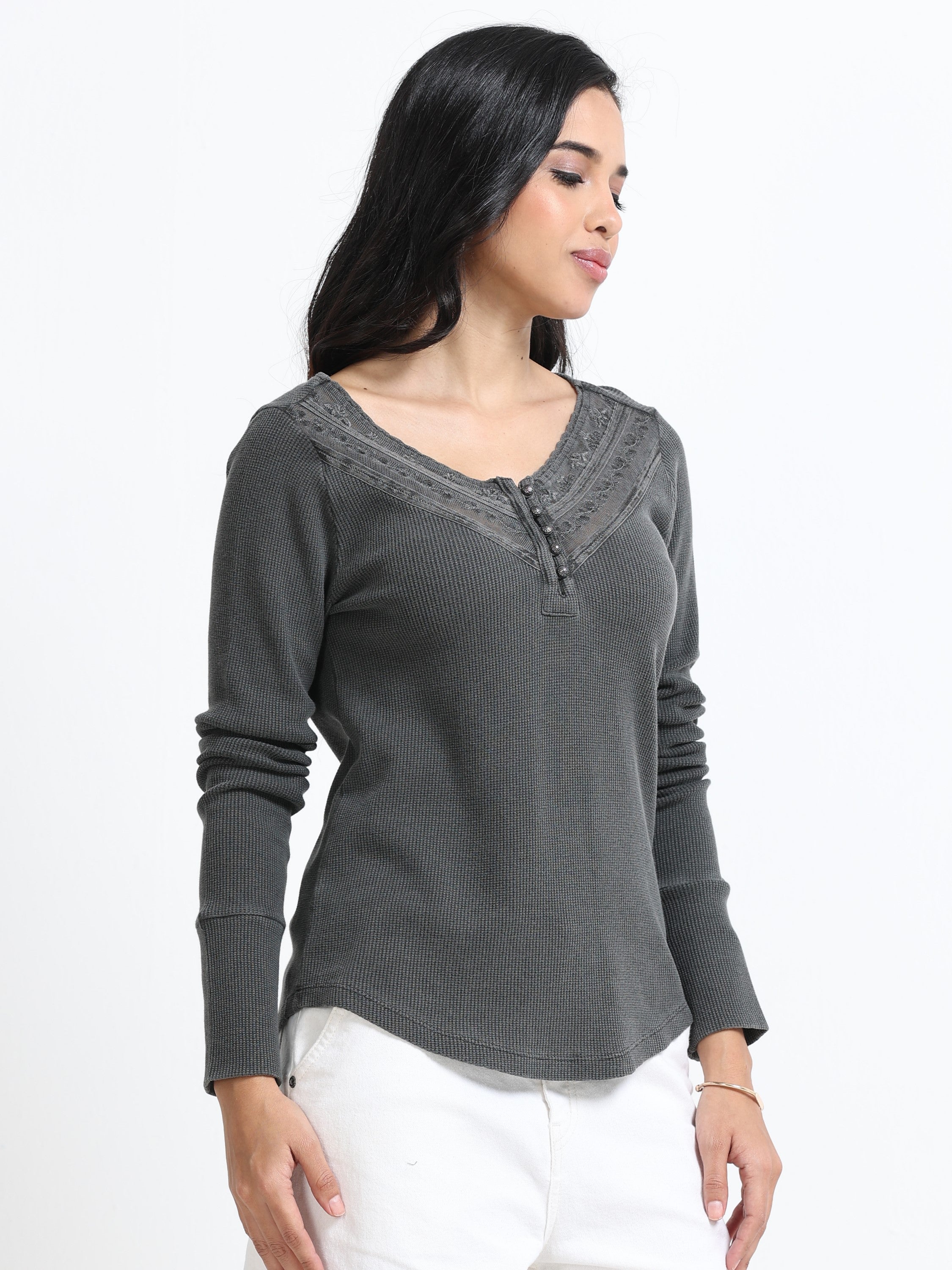 Women Grey Washed Embroidery Top