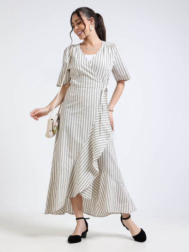 Women Beige Black Wrap Dress