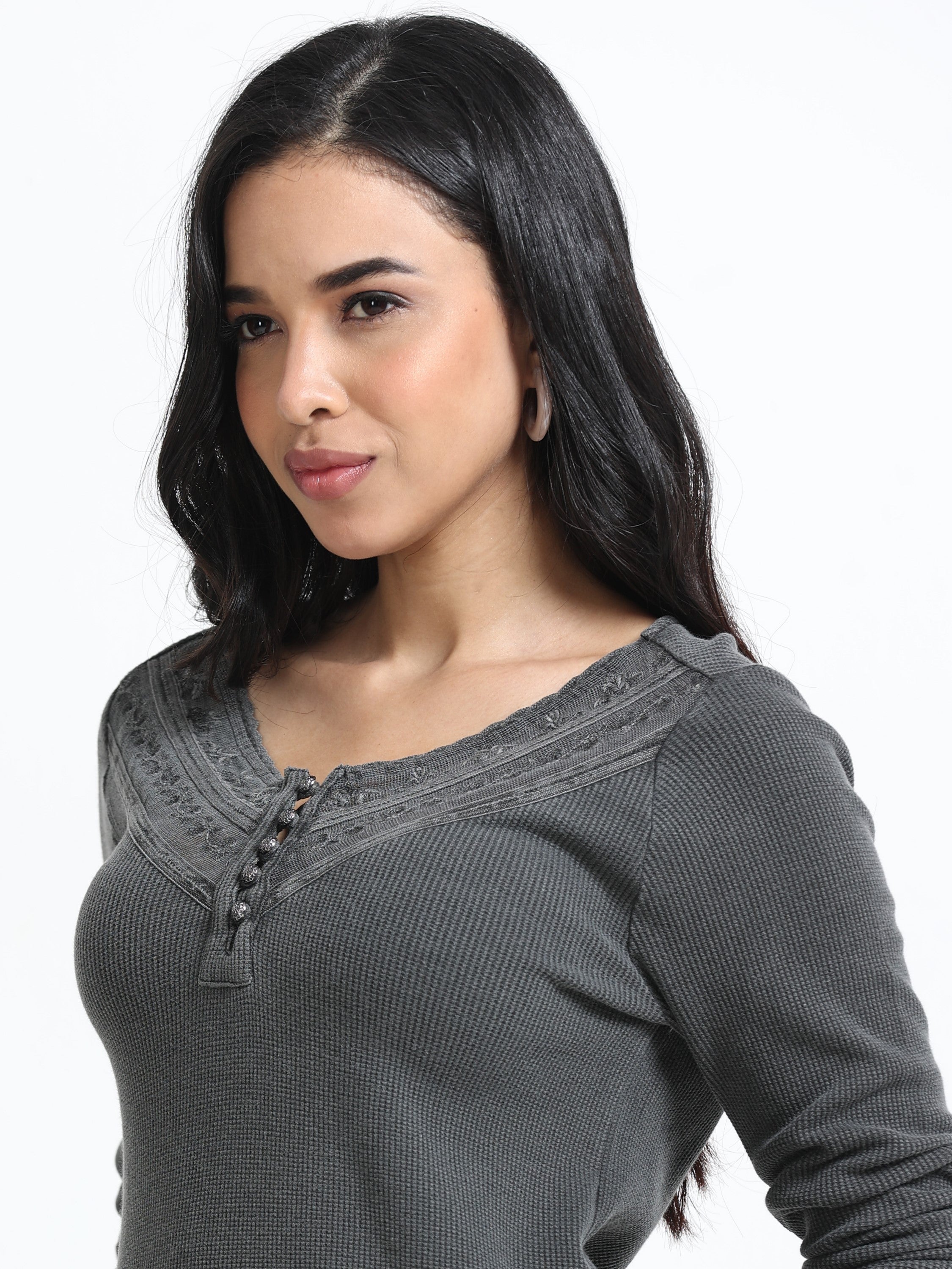 Women Grey Washed Embroidery Top
