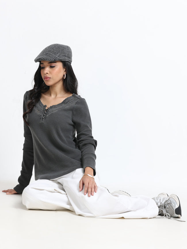 Women Grey Washed Embroidery Top