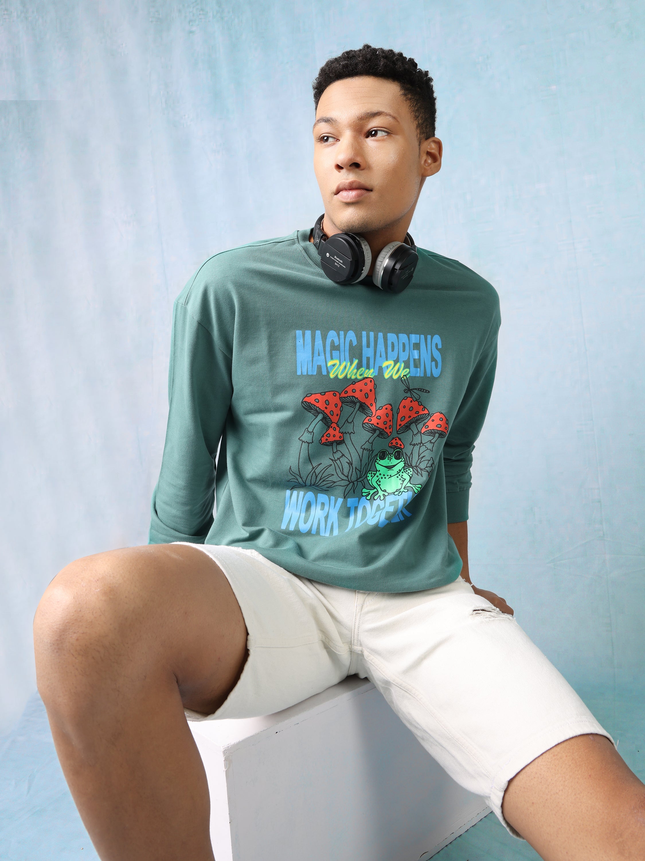 Men Green Printed Oversized Sweatshirt