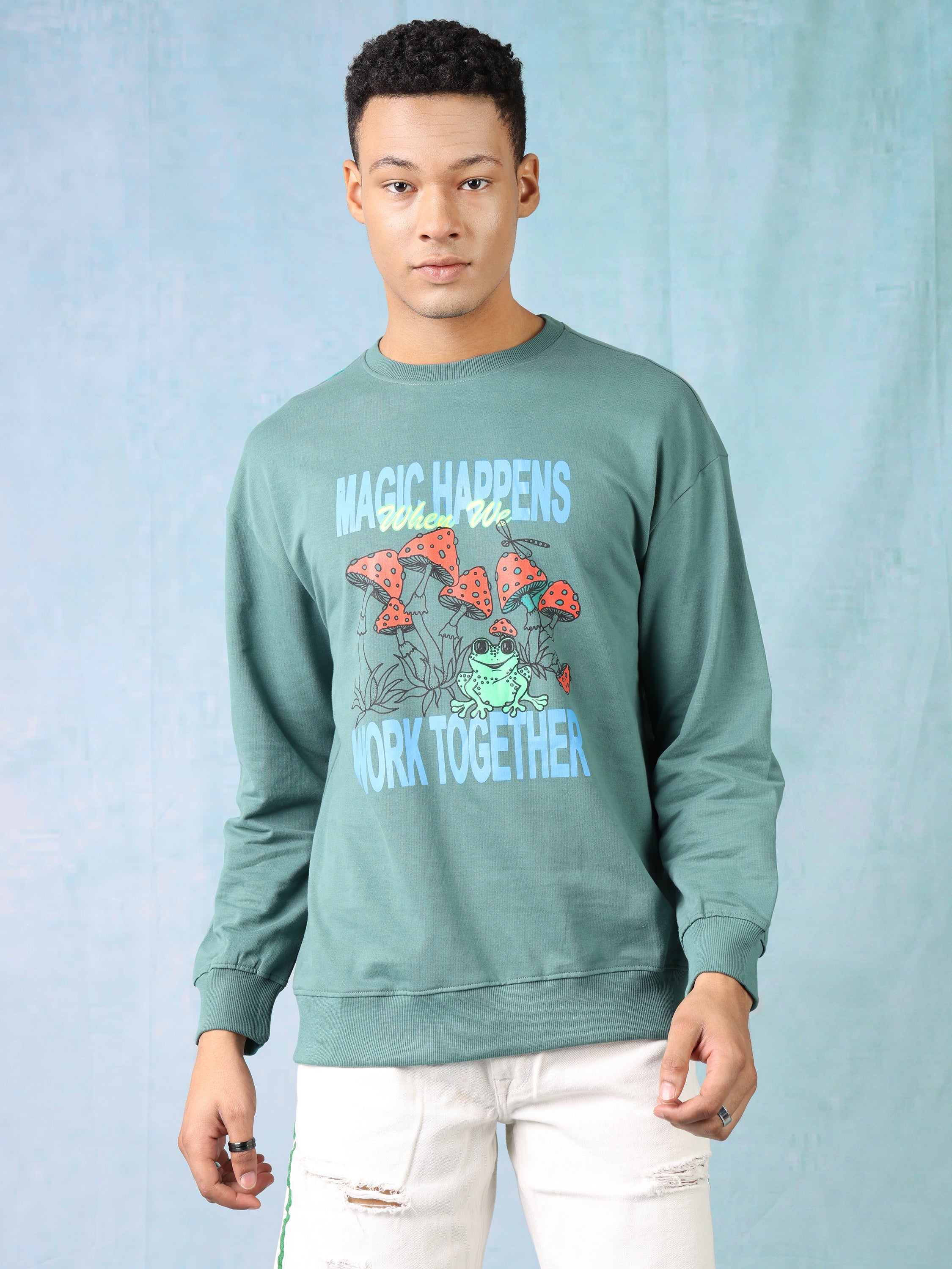 Men Green Printed Oversized Sweatshirt