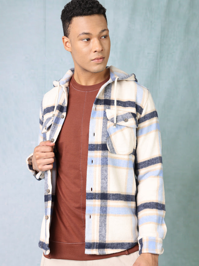 Men Blue Grey Comfort Fit Shacket