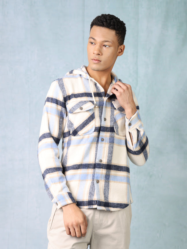 Men Blue Grey Comfort Fit Shacket