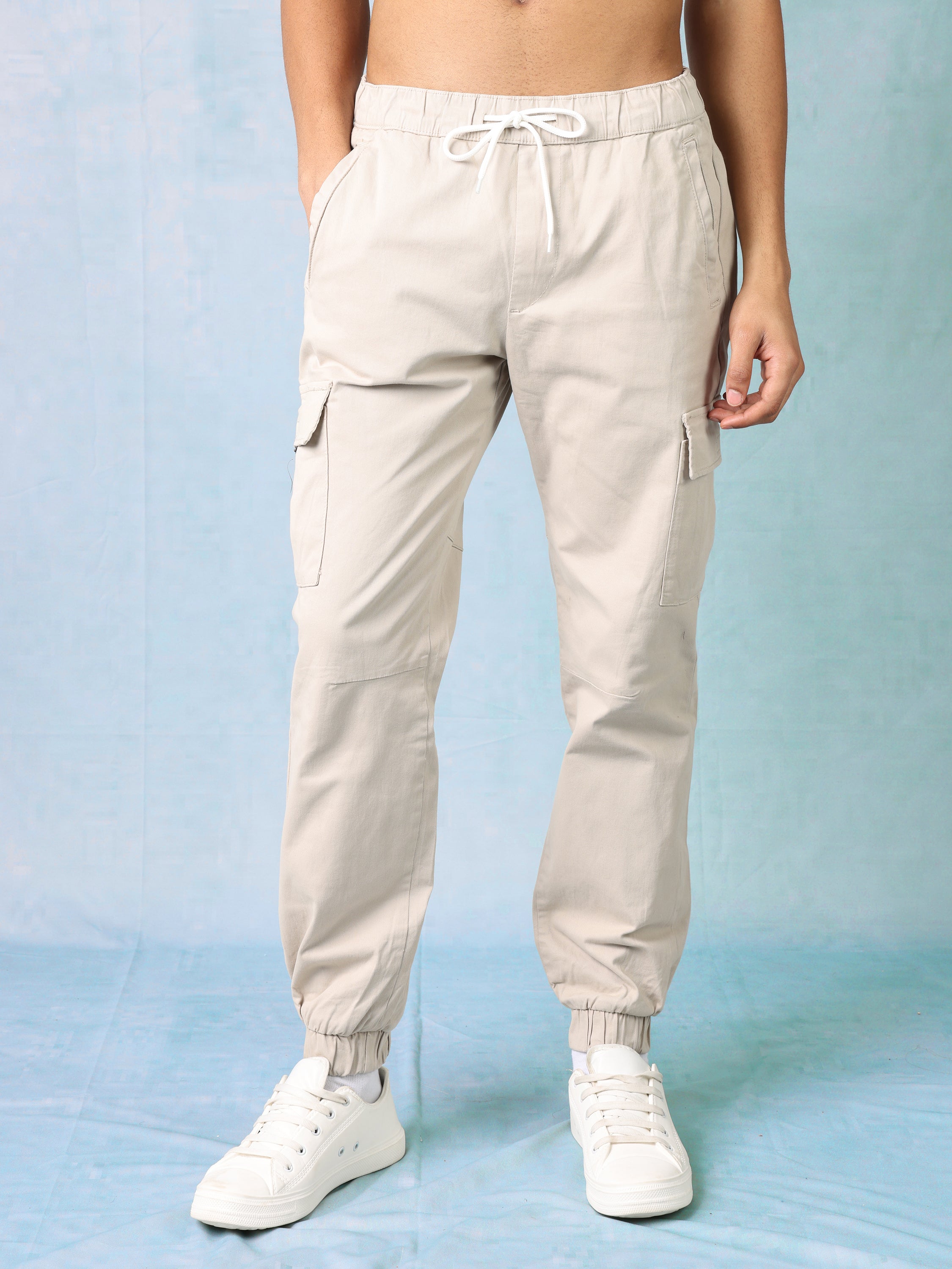 Men Light Beige Mid Rise Cargo Pants