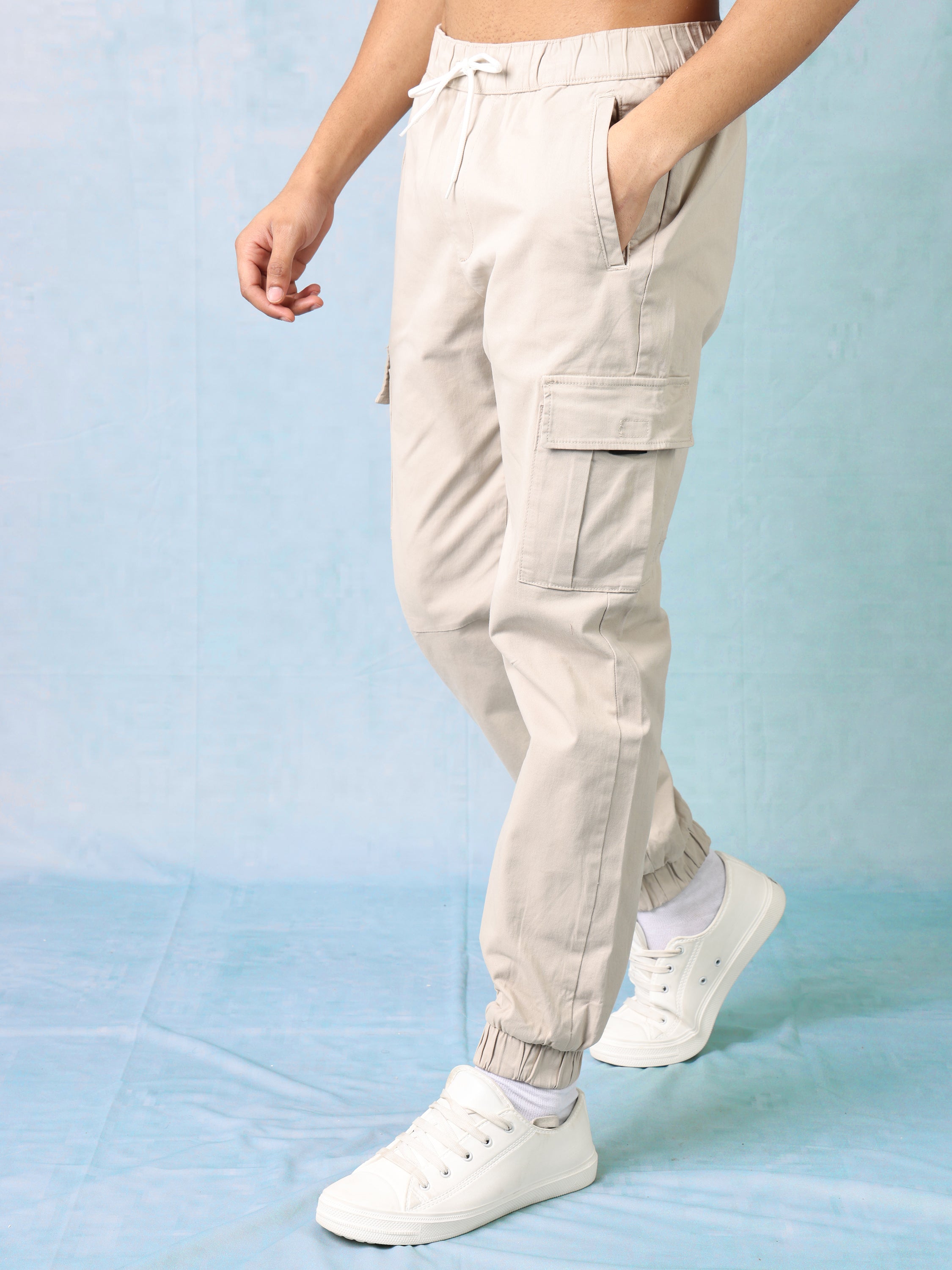 Men Light Beige Mid Rise Cargo Pants