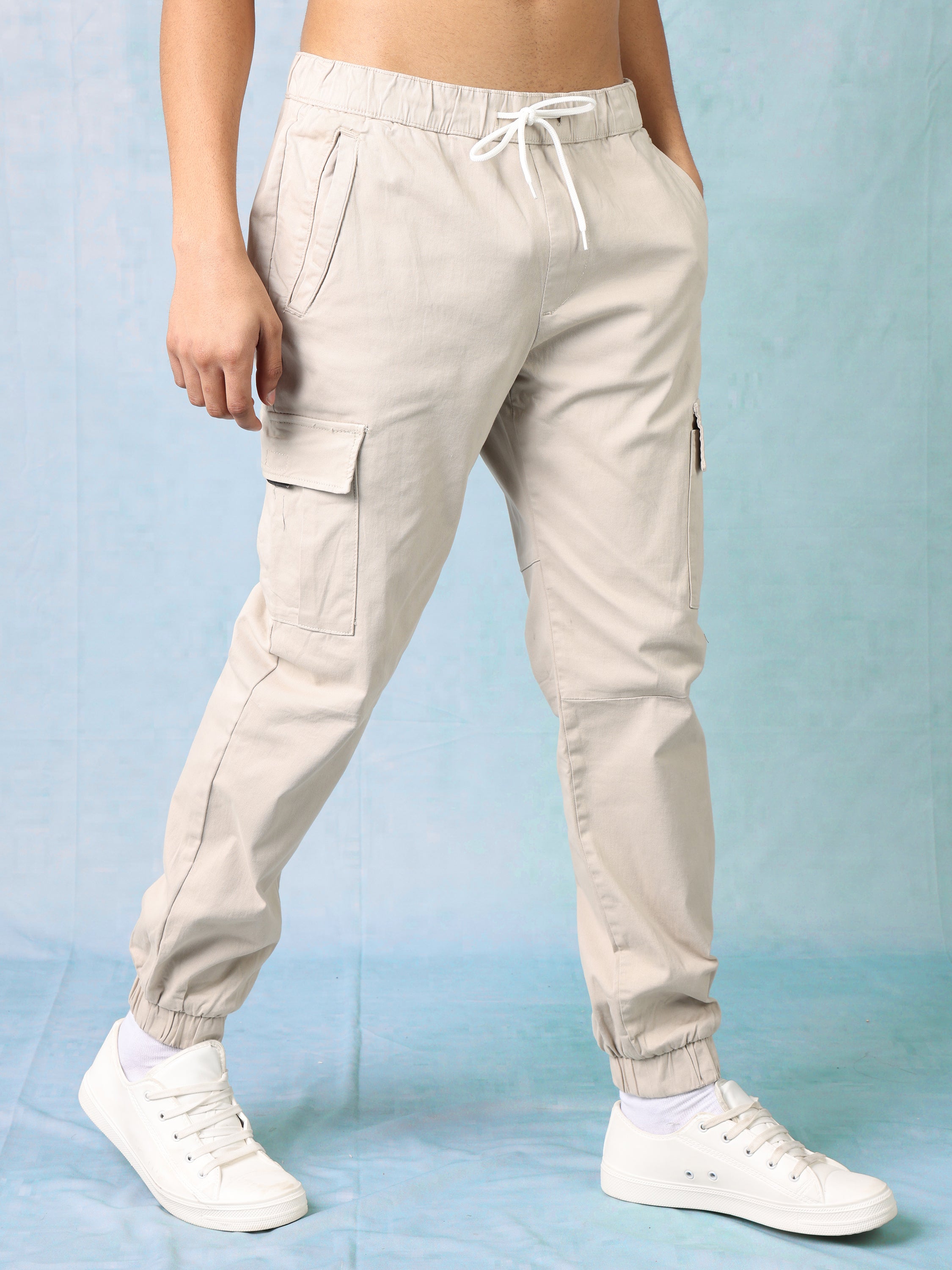 Men Light Beige Mid Rise Cargo Pants