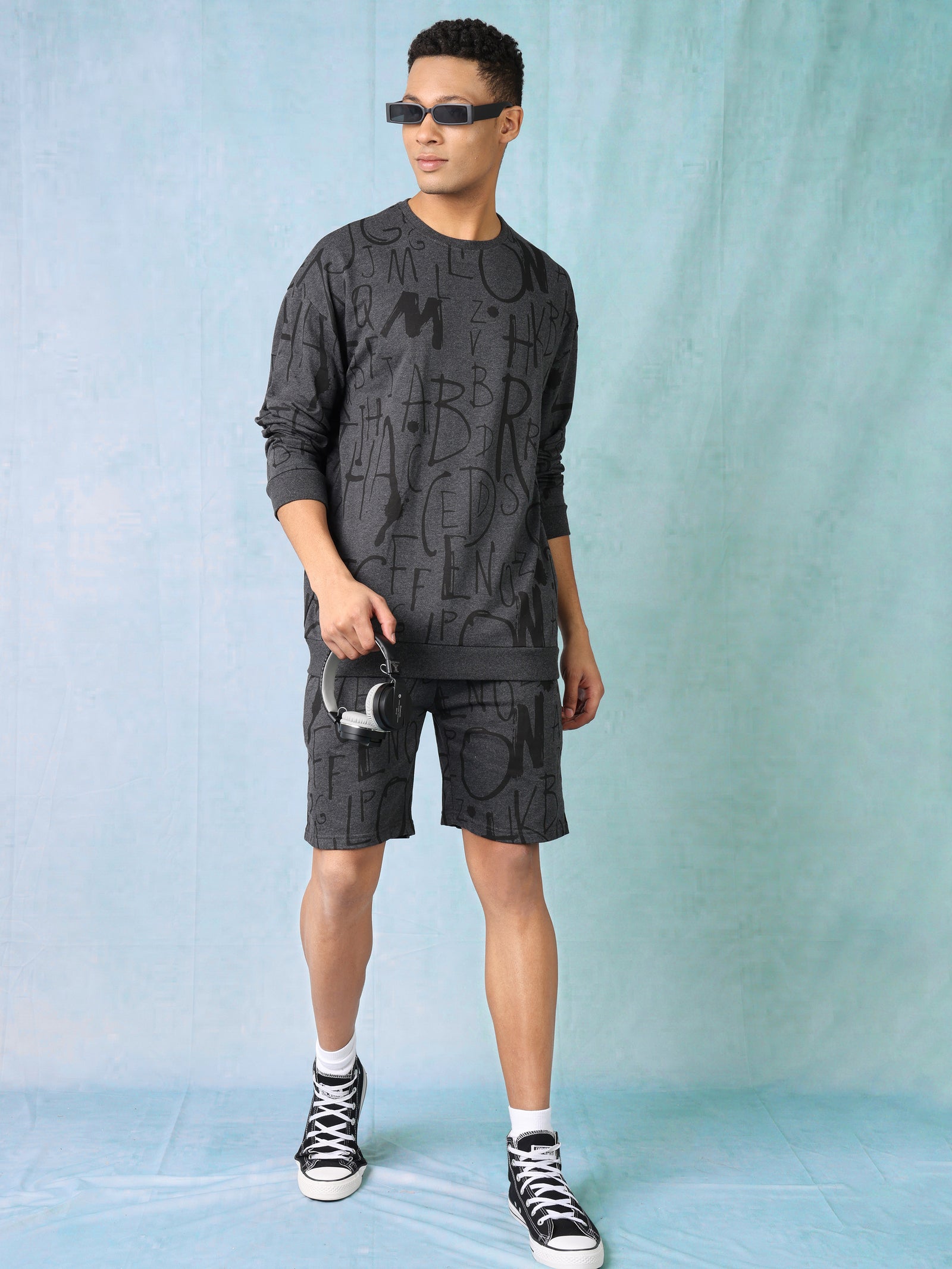 Men Charcoal Melange Oversized Co-ord set