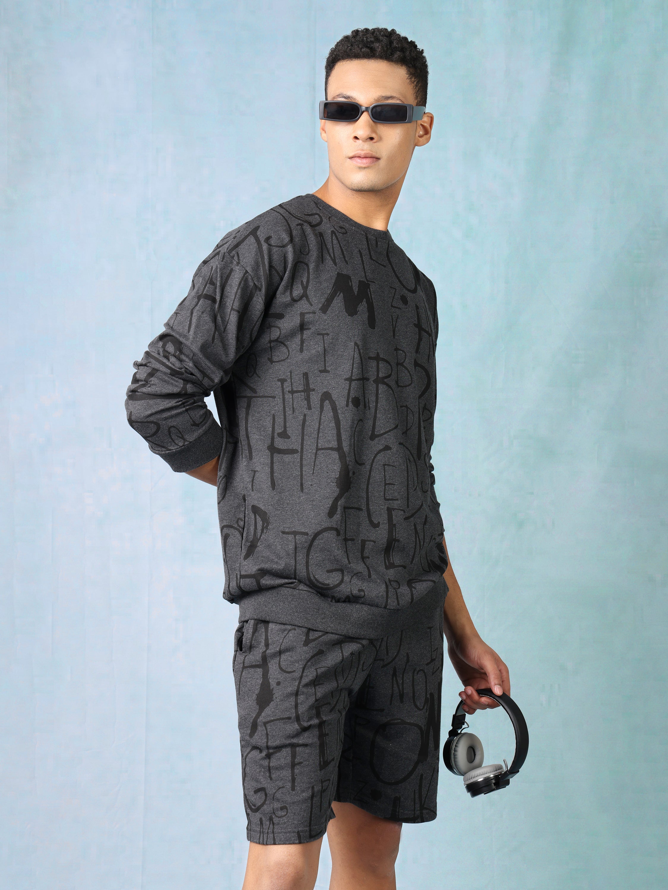 Men Charcoal Melange Oversized Co-ord set