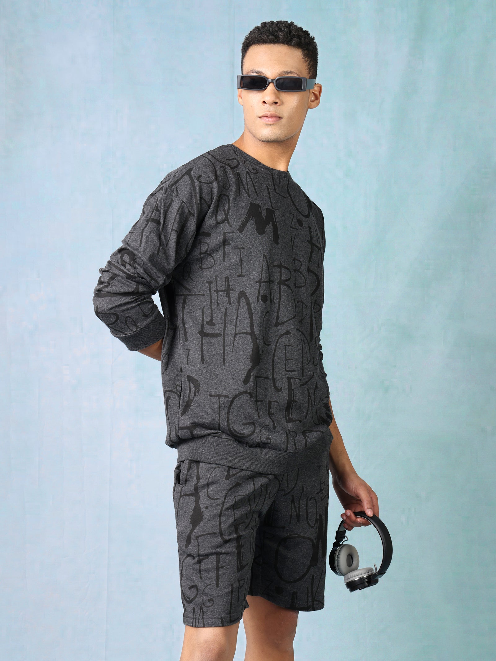 Men Charcoal Melange Oversized Co-ord set