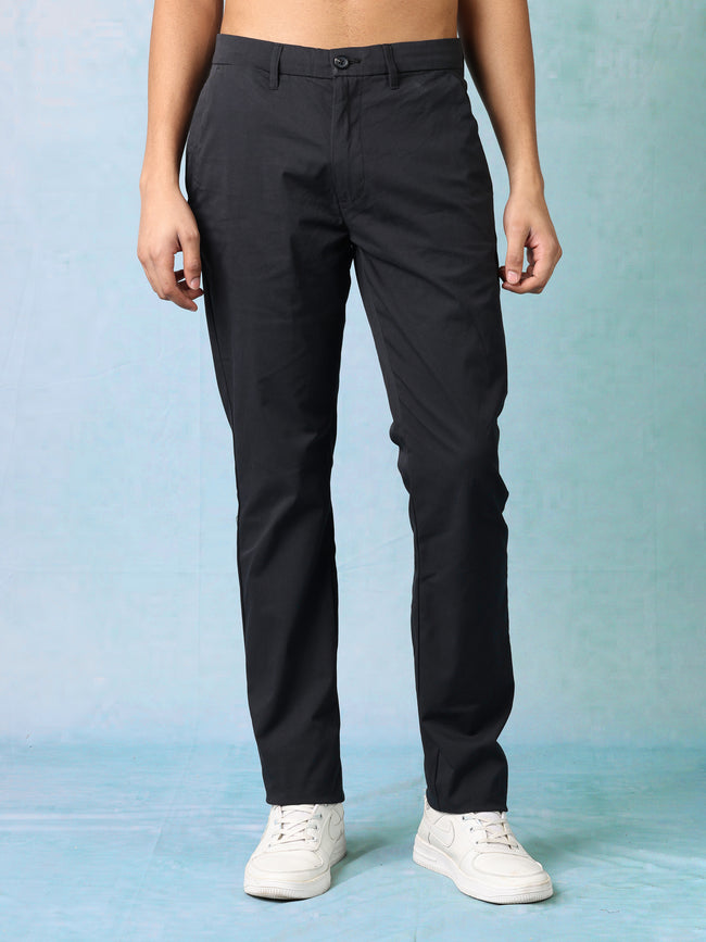 Men Black Mid Rise Regular Fit Trouser