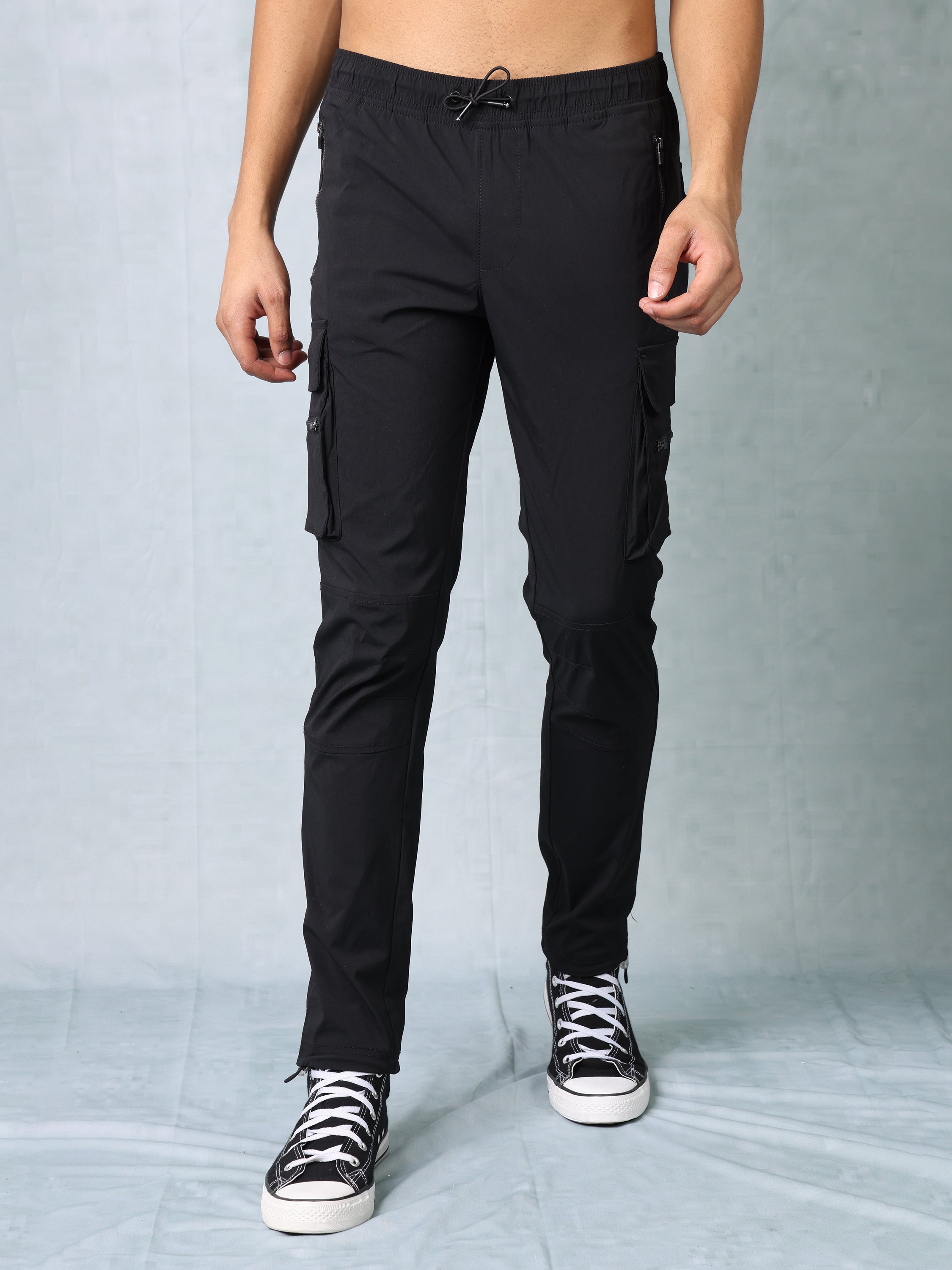 Men Black Parachute Cargo Pants