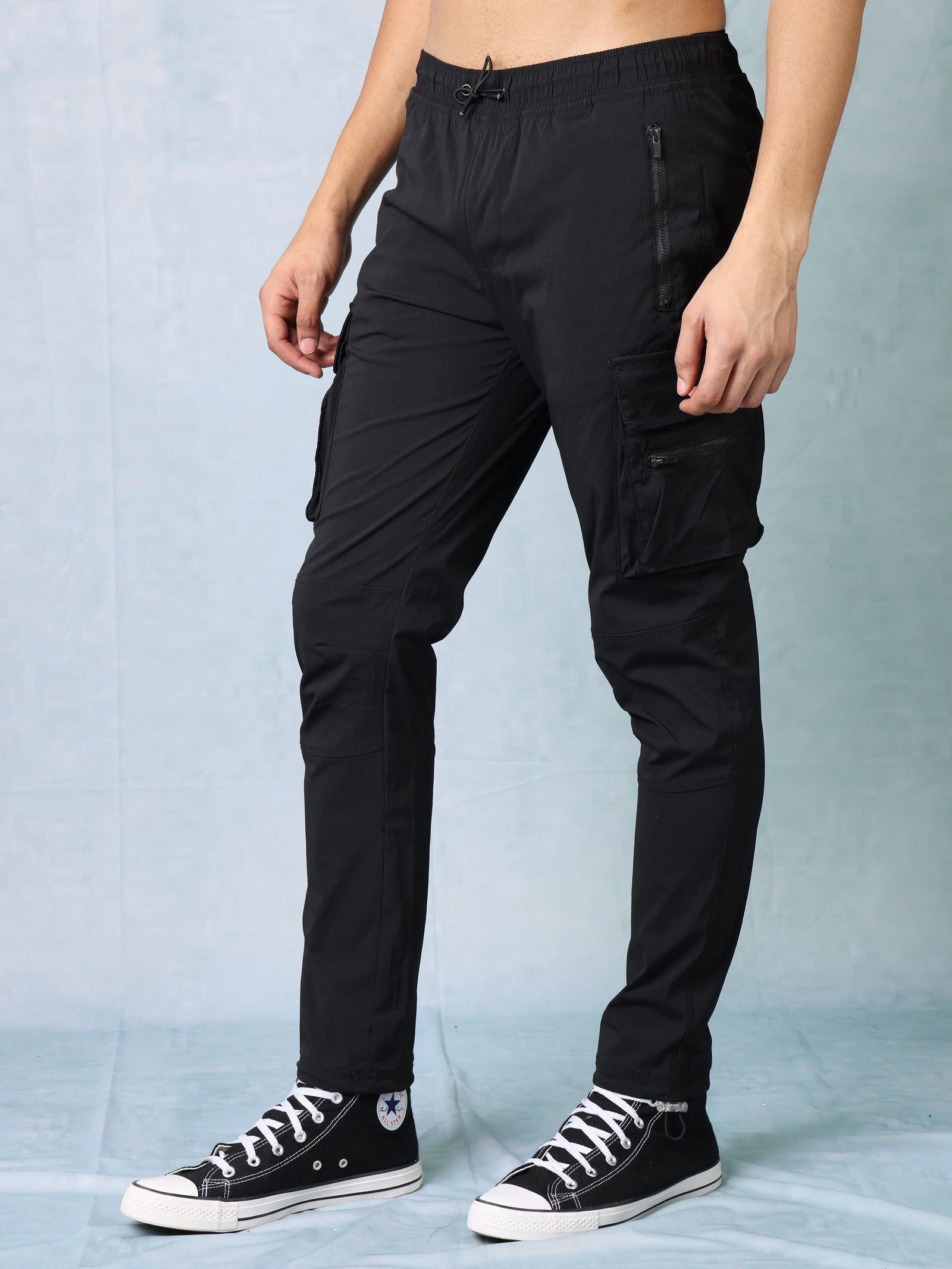 Men Black Parachute Cargo Pants