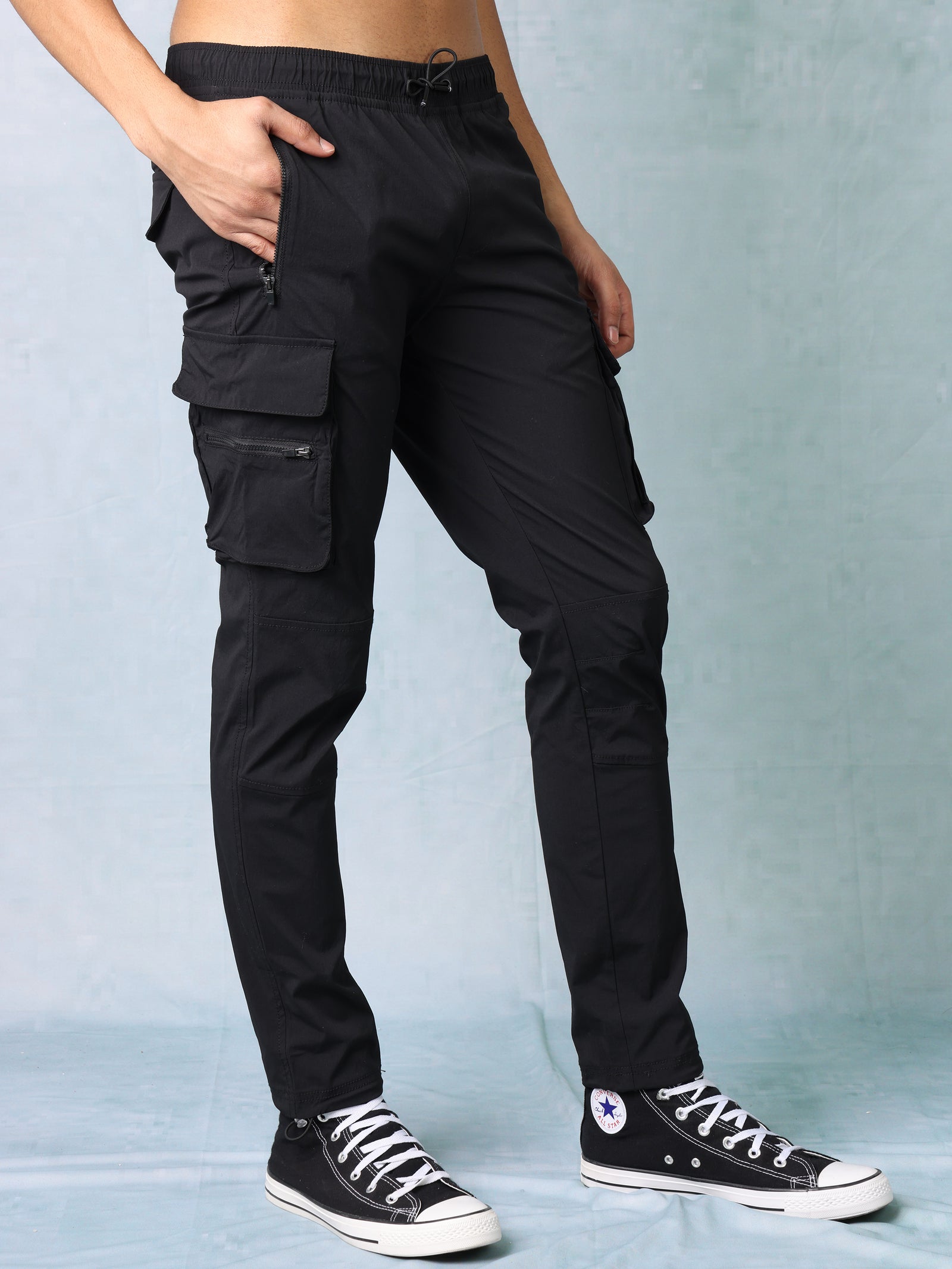 Men Black Parachute Cargo Pants