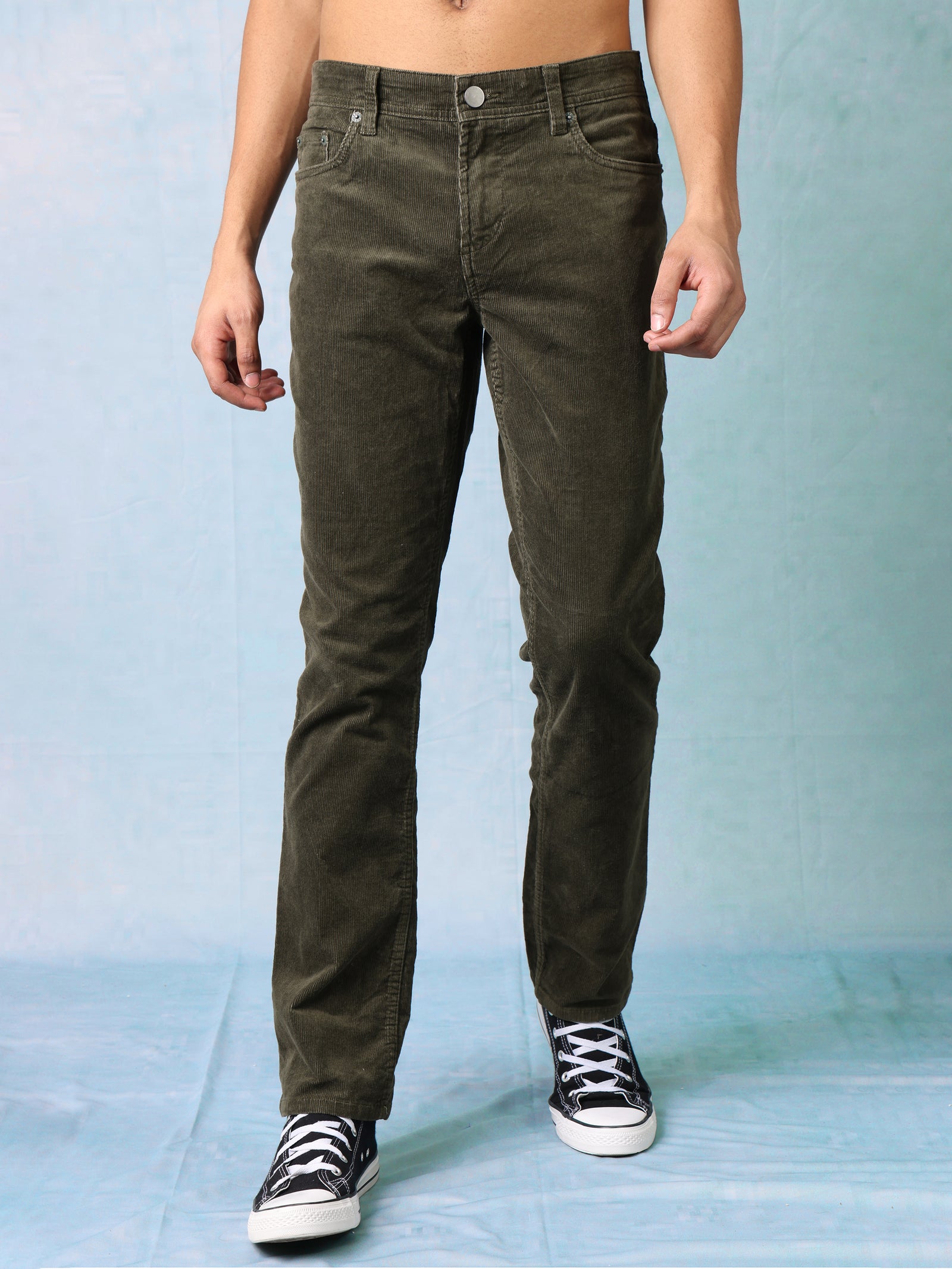 Men Green Cordury Straight Fit Trouser