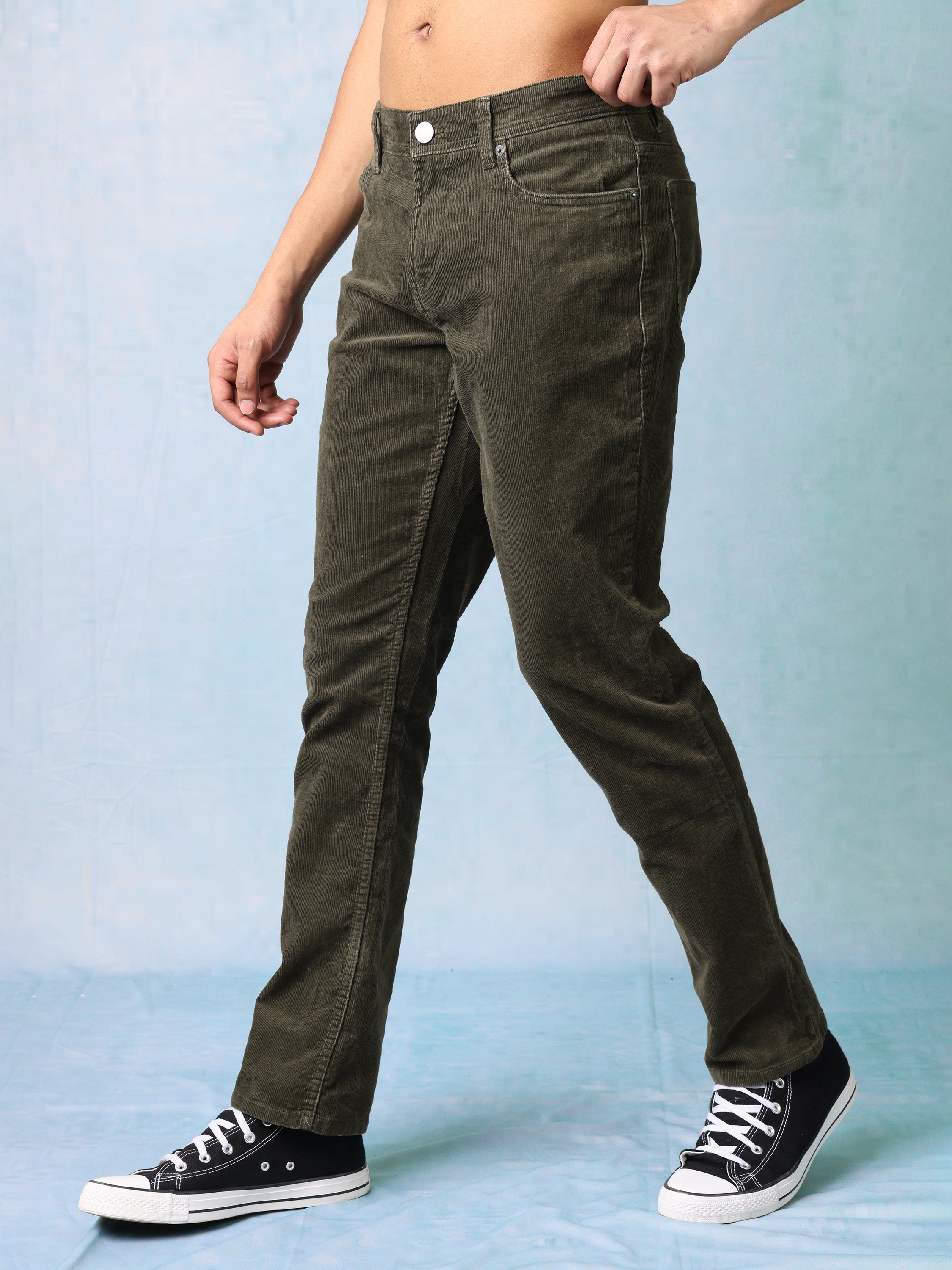 Men Green Cordury Straight Fit Trouser